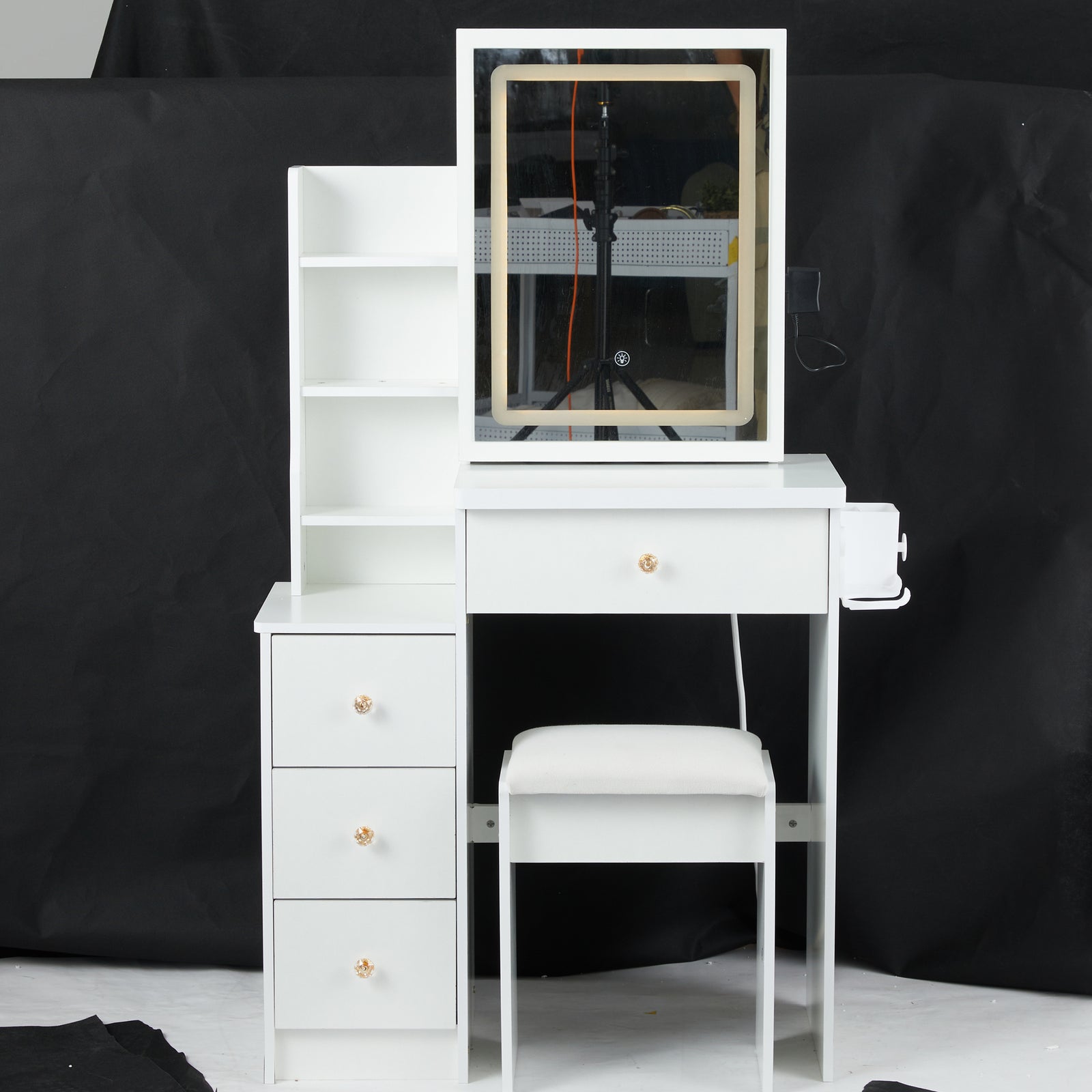 THE FURNITURE CO. Vanity Default Small Size Left Bedside Cabinet Vanity Table with Cushioned Stool and Extra Large Touch Control LED Mirror In White