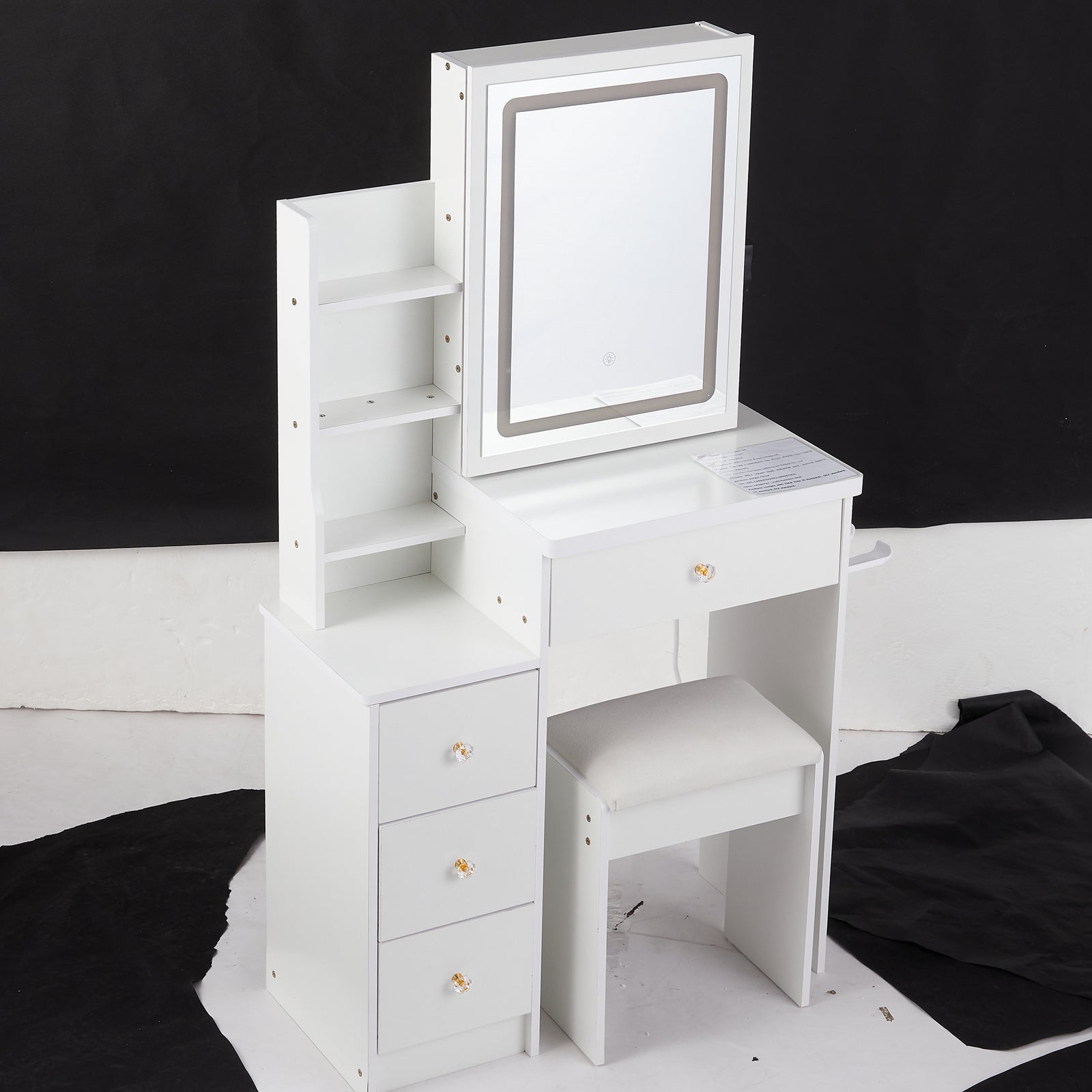 THE FURNITURE CO. Vanity Default Small Size Left Bedside Cabinet Vanity Table with Cushioned Stool and Extra Large Touch Control LED Mirror In White