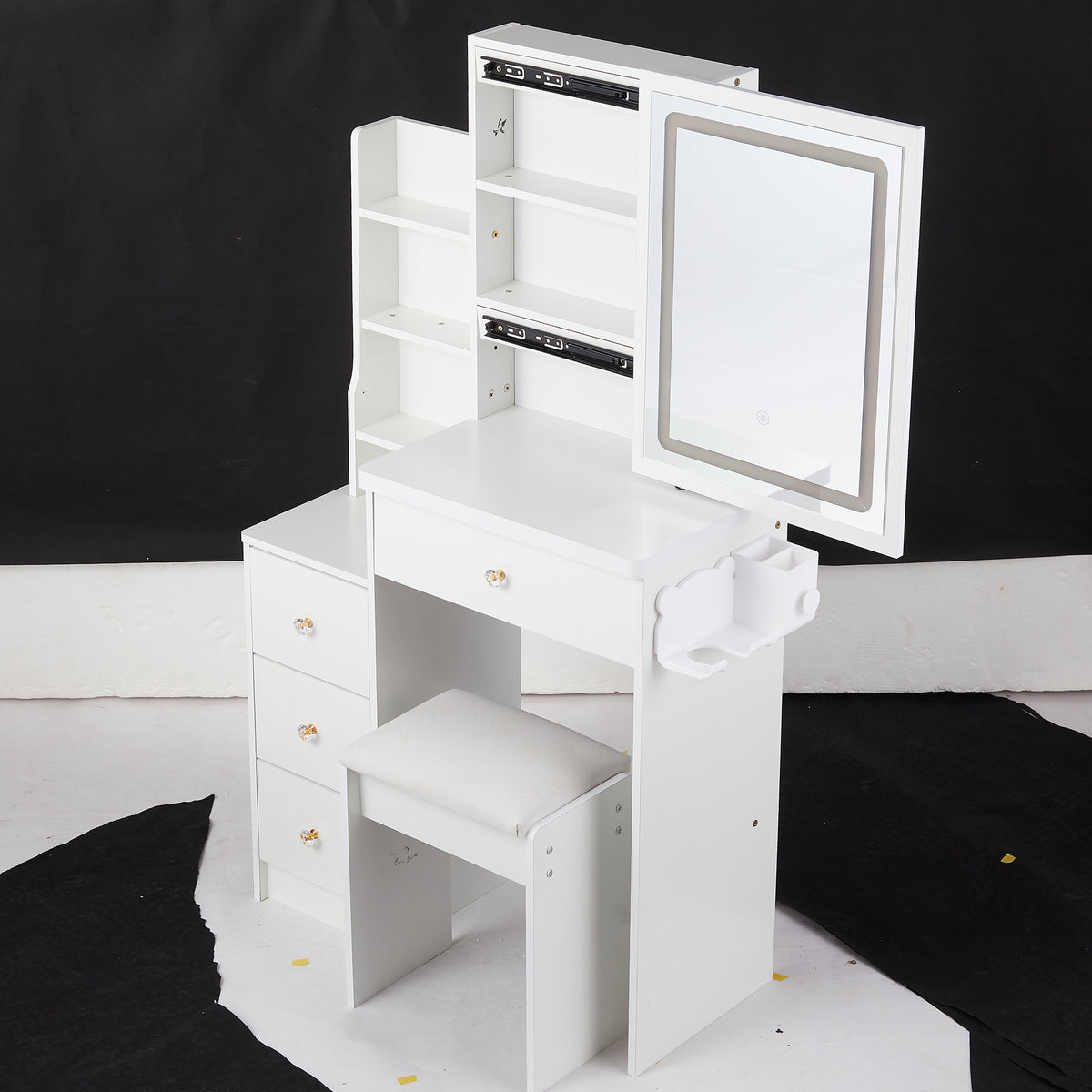 THE FURNITURE CO. Vanity Default Small Size Left Bedside Cabinet Vanity Table with Cushioned Stool and Extra Large Touch Control LED Mirror In White