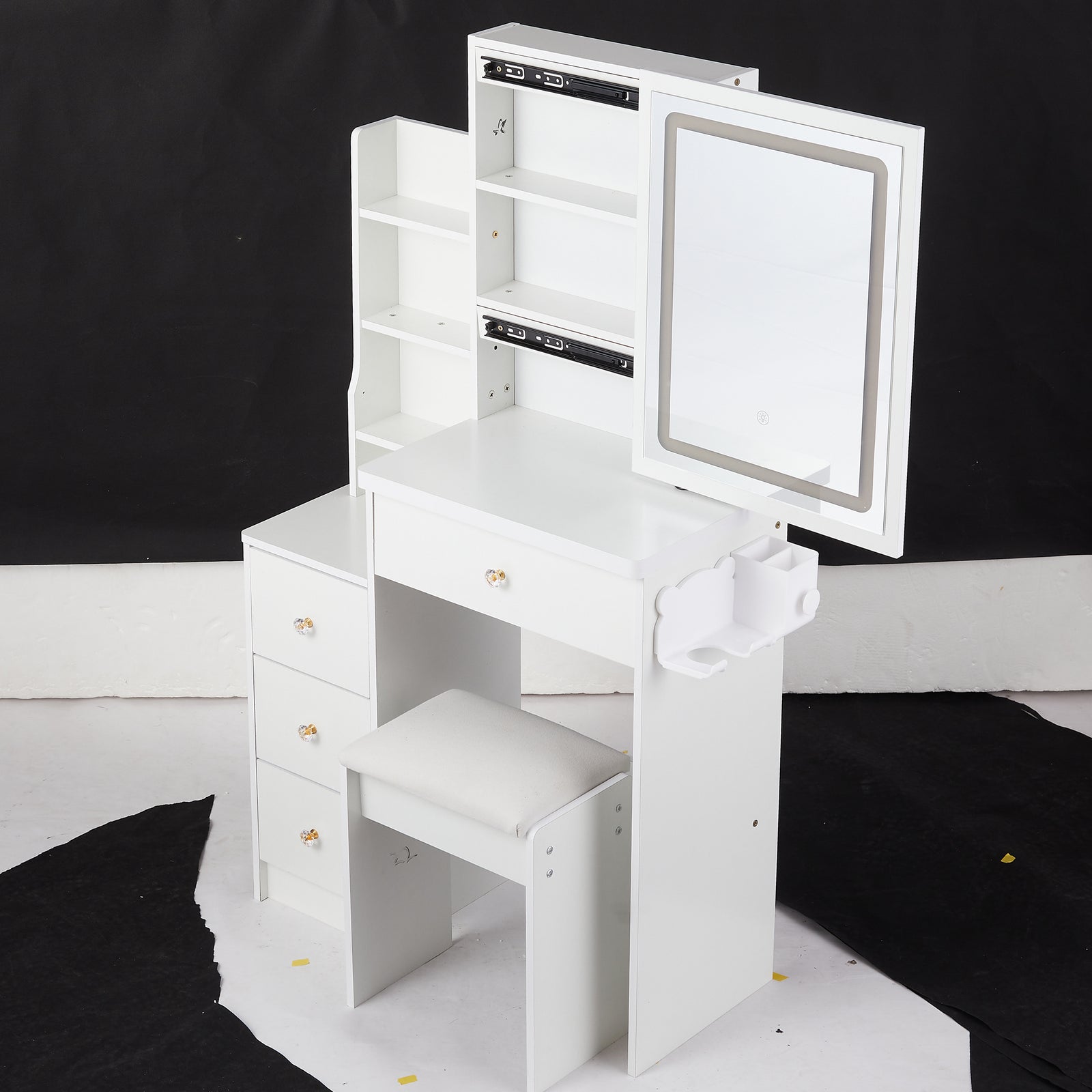 THE FURNITURE CO. Vanity Default Small Size Left Bedside Cabinet Vanity Table with Cushioned Stool and Extra Large Touch Control LED Mirror In White