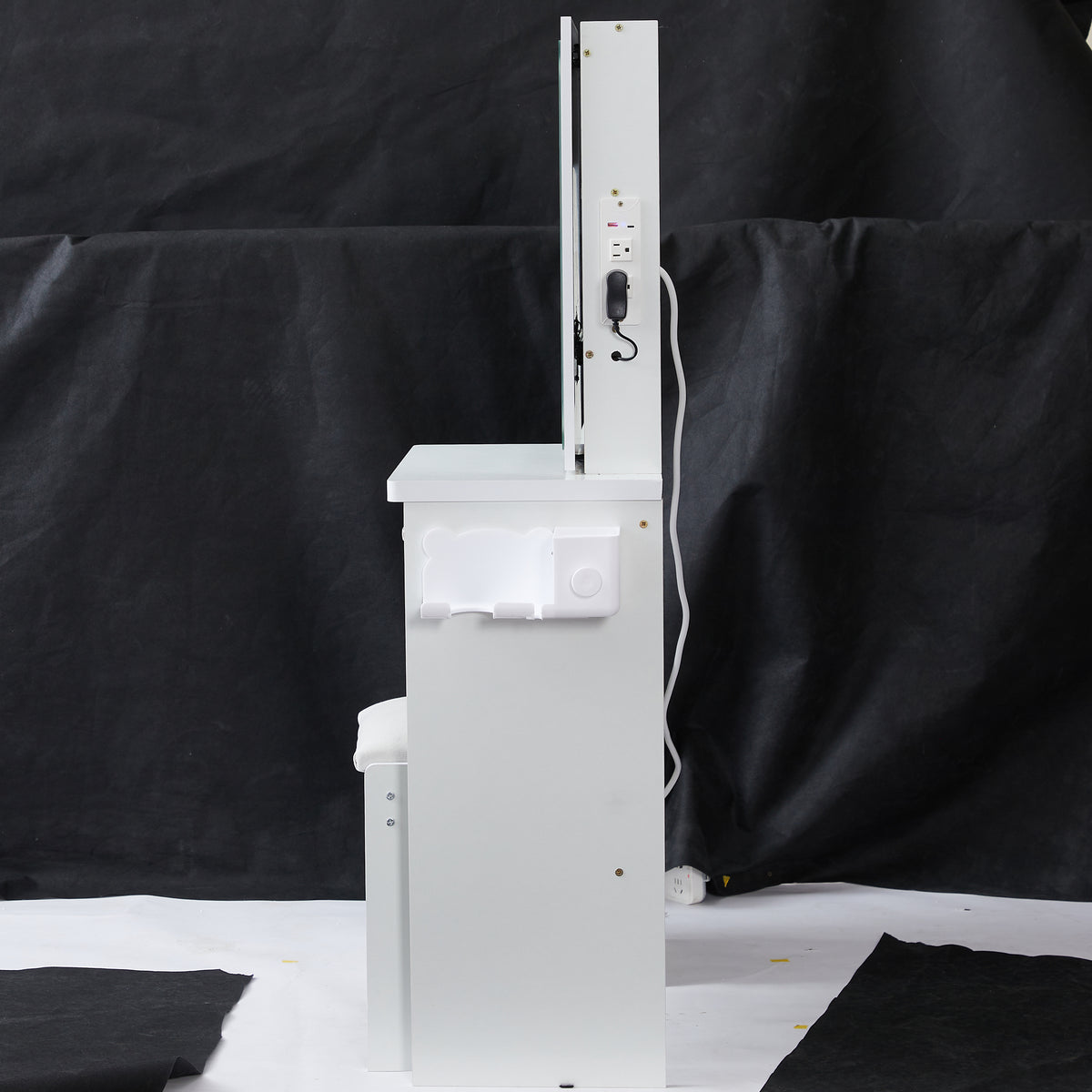 THE FURNITURE CO. Vanity Default Small Size Left Bedside Cabinet Vanity Table with Cushioned Stool and Extra Large Touch Control LED Mirror In White