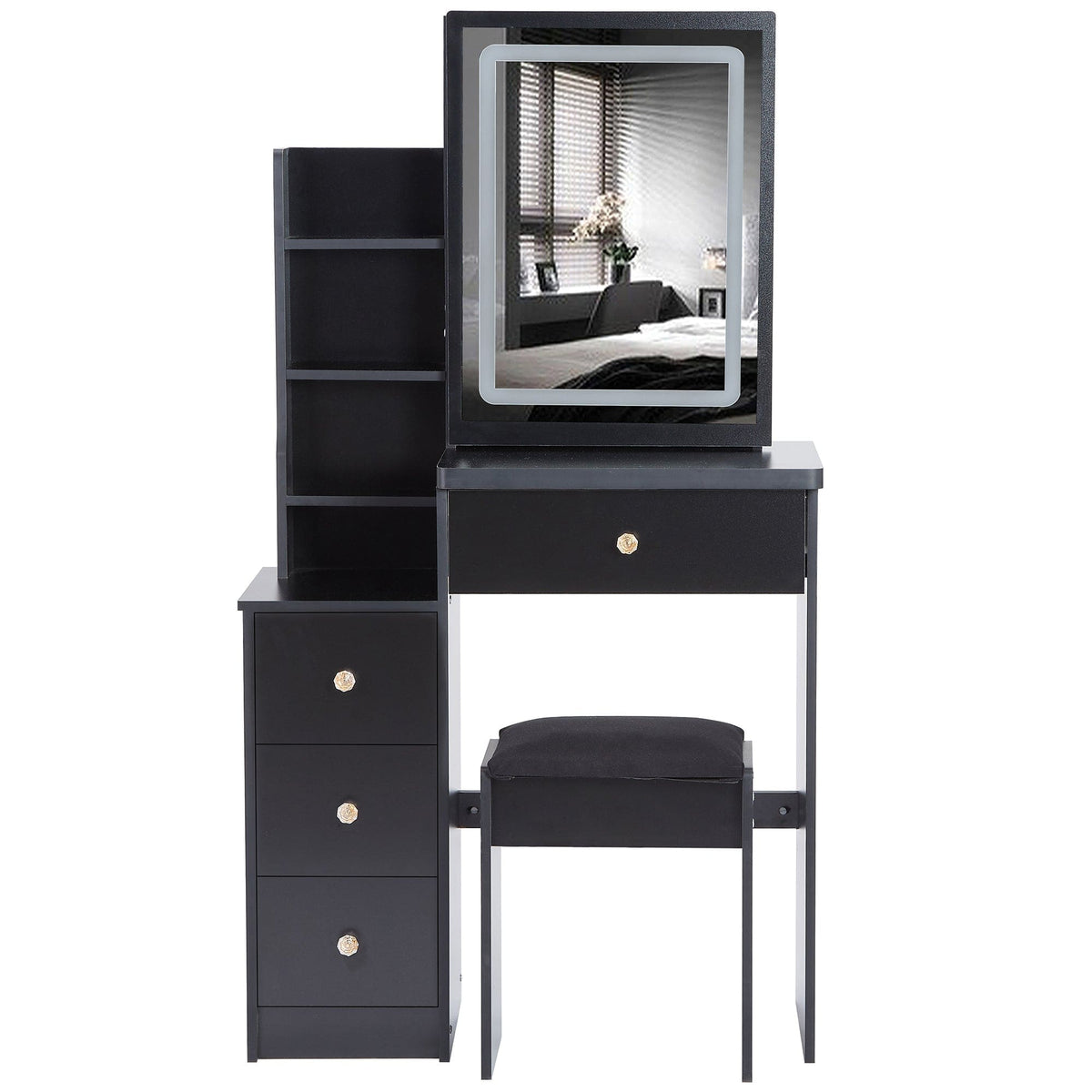 THE FURNITURE CO. Vanity Default Small Size Left Bedside Cabinet Vanity Table With Cushioned Stool And LED Mirror Brightness Adjust In Black