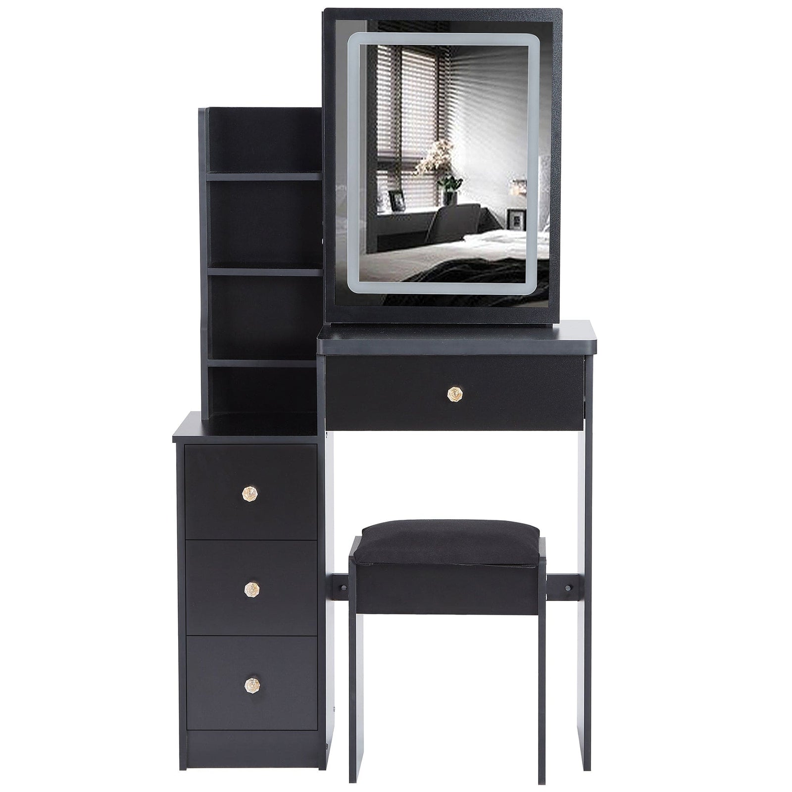 THE FURNITURE CO. Vanity Default Small Size Left Bedside Cabinet Vanity Table With Cushioned Stool And LED Mirror Brightness Adjust In Black