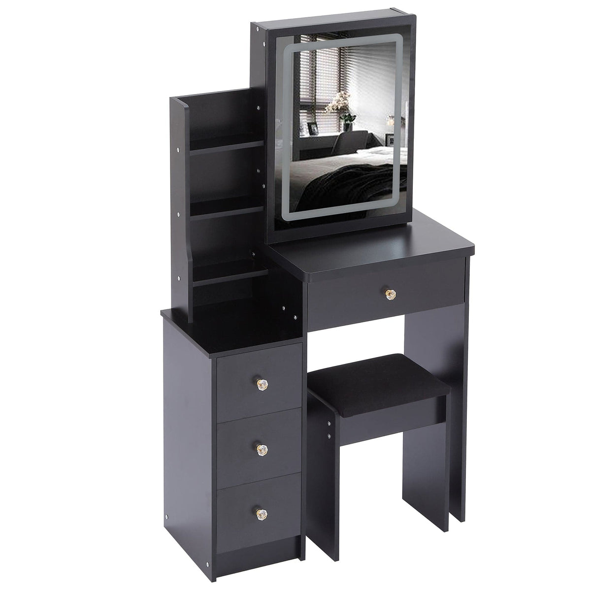 THE FURNITURE CO. Vanity Default Small Size Left Bedside Cabinet Vanity Table With Cushioned Stool And LED Mirror Brightness Adjust In Black