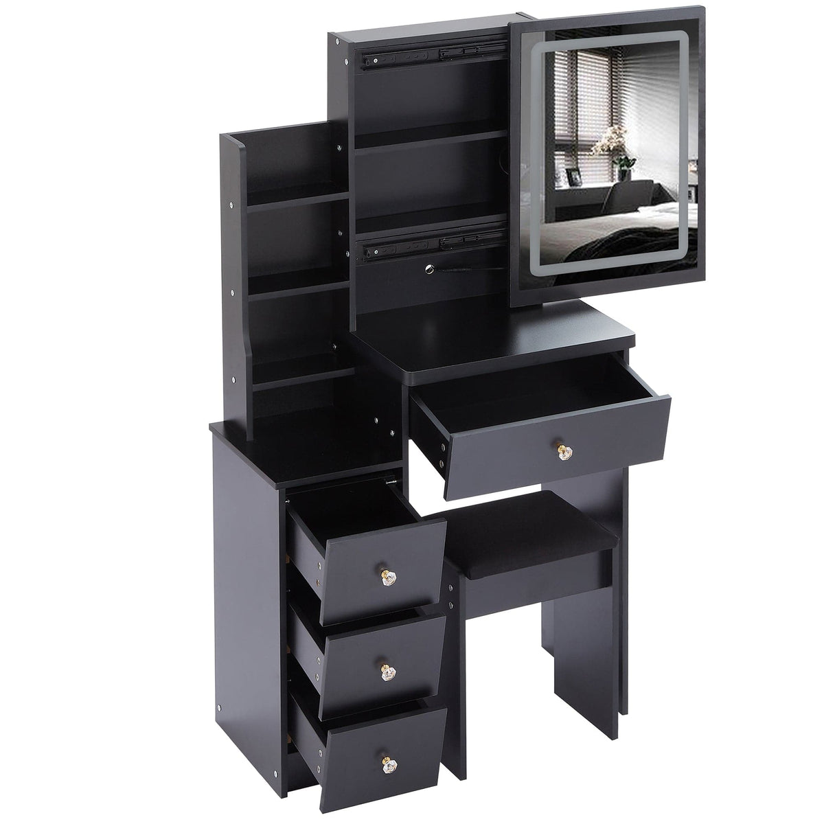 THE FURNITURE CO. Vanity Default Small Size Left Bedside Cabinet Vanity Table With Cushioned Stool And LED Mirror Brightness Adjust In Black
