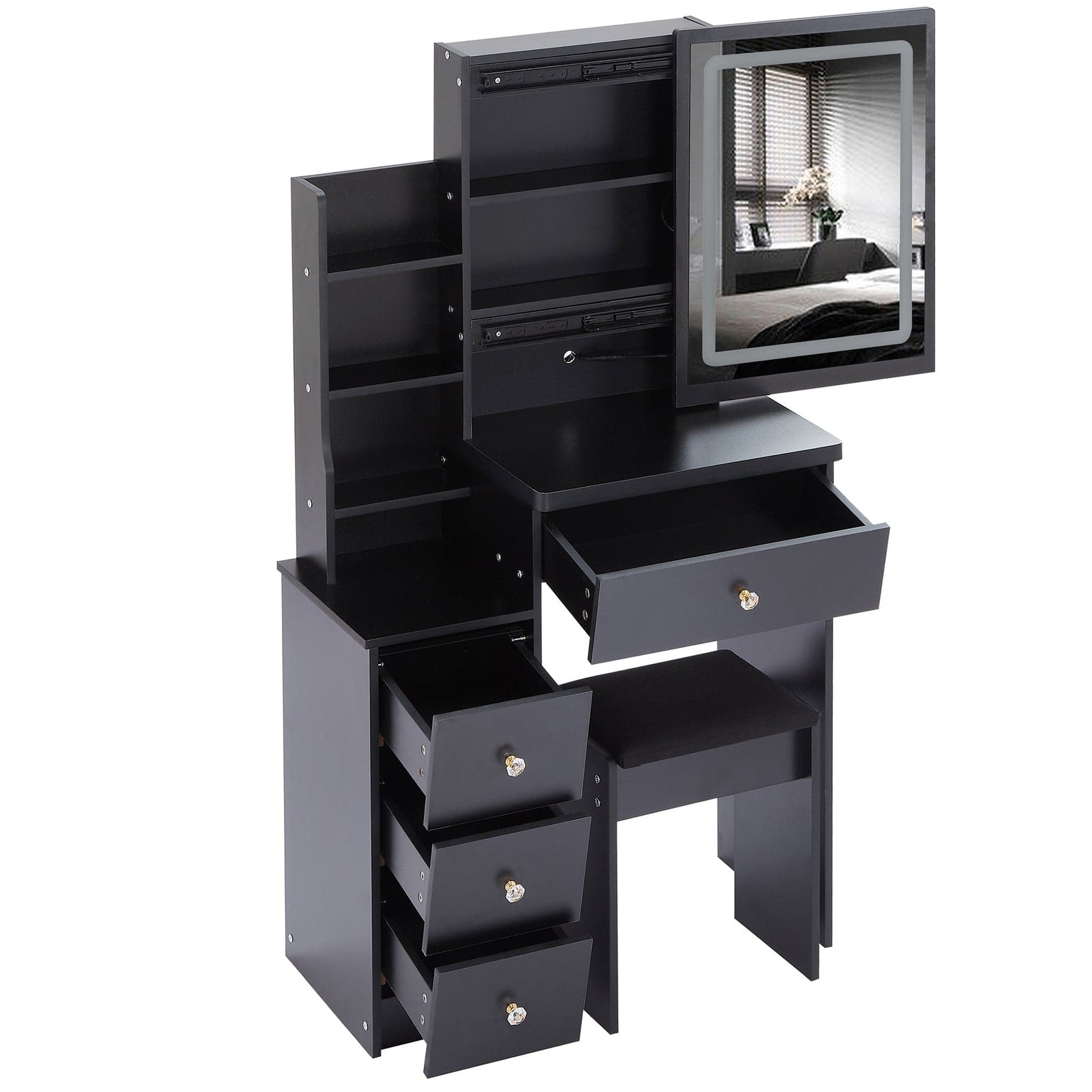 THE FURNITURE CO. Vanity Default Small Size Left Bedside Cabinet Vanity Table With Cushioned Stool And LED Mirror Brightness Adjust In Black