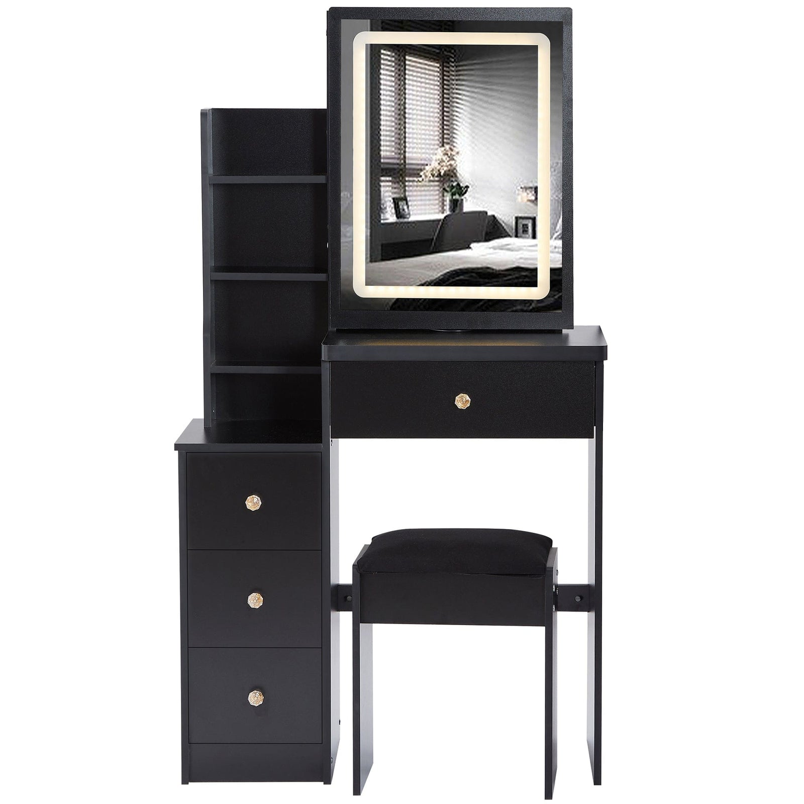 THE FURNITURE CO. Vanity Default Small Size Left Bedside Cabinet Vanity Table With Cushioned Stool And LED Mirror Brightness Adjust In Black
