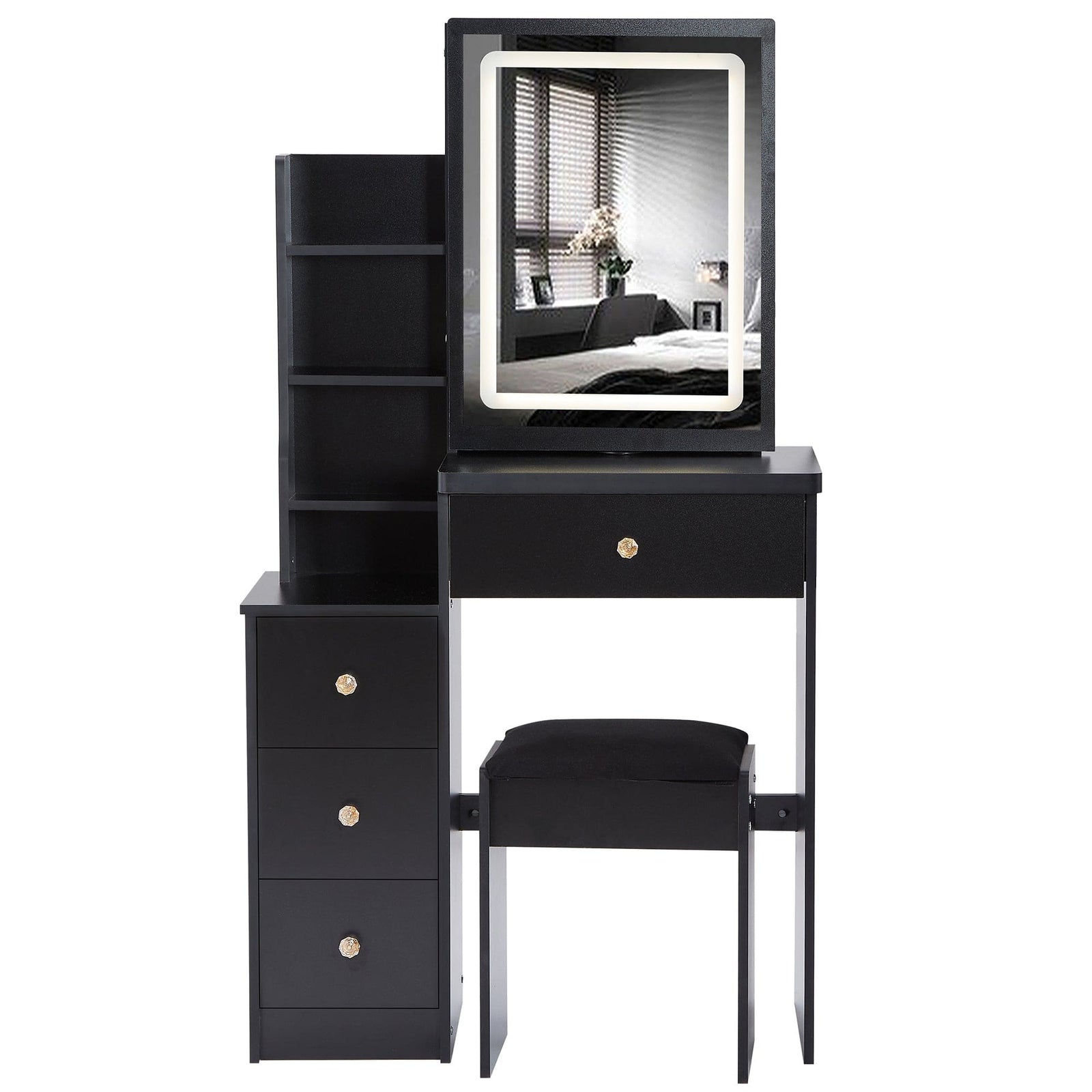 THE FURNITURE CO. Vanity Default Small Size Left Bedside Cabinet Vanity Table With Cushioned Stool And LED Mirror Brightness Adjust In Black