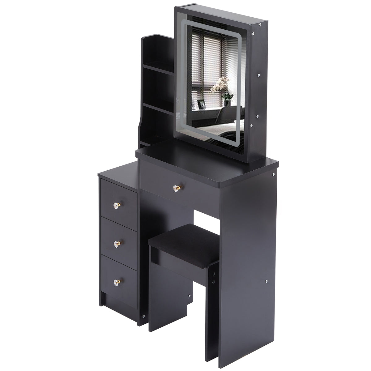 THE FURNITURE CO. Vanity Default Small Size Left Bedside Cabinet Vanity Table With Cushioned Stool And LED Mirror Brightness Adjust In Black