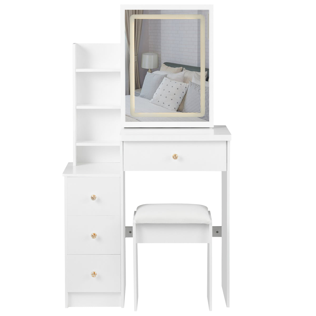 THE FURNITURE CO. Vanity Default Small Size Left Bedside Cabinet Vanity Table with Cushioned Stool and Touch Control Sliding LED Mirror In White
