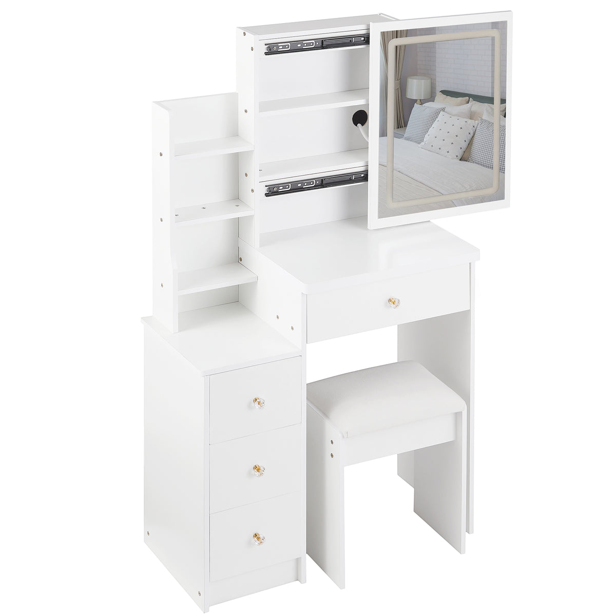 THE FURNITURE CO. Vanity Default Small Size Left Bedside Cabinet Vanity Table with Cushioned Stool and Touch Control Sliding LED Mirror In White