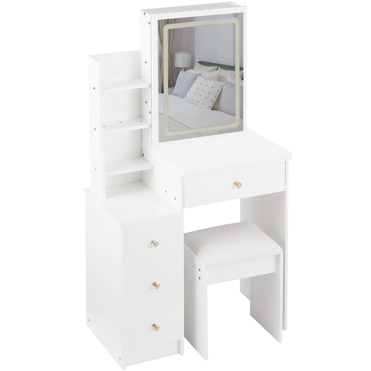 THE FURNITURE CO. Vanity Default Small Size Left Bedside Cabinet Vanity Table with Cushioned Stool and Touch Control Sliding LED Mirror In White