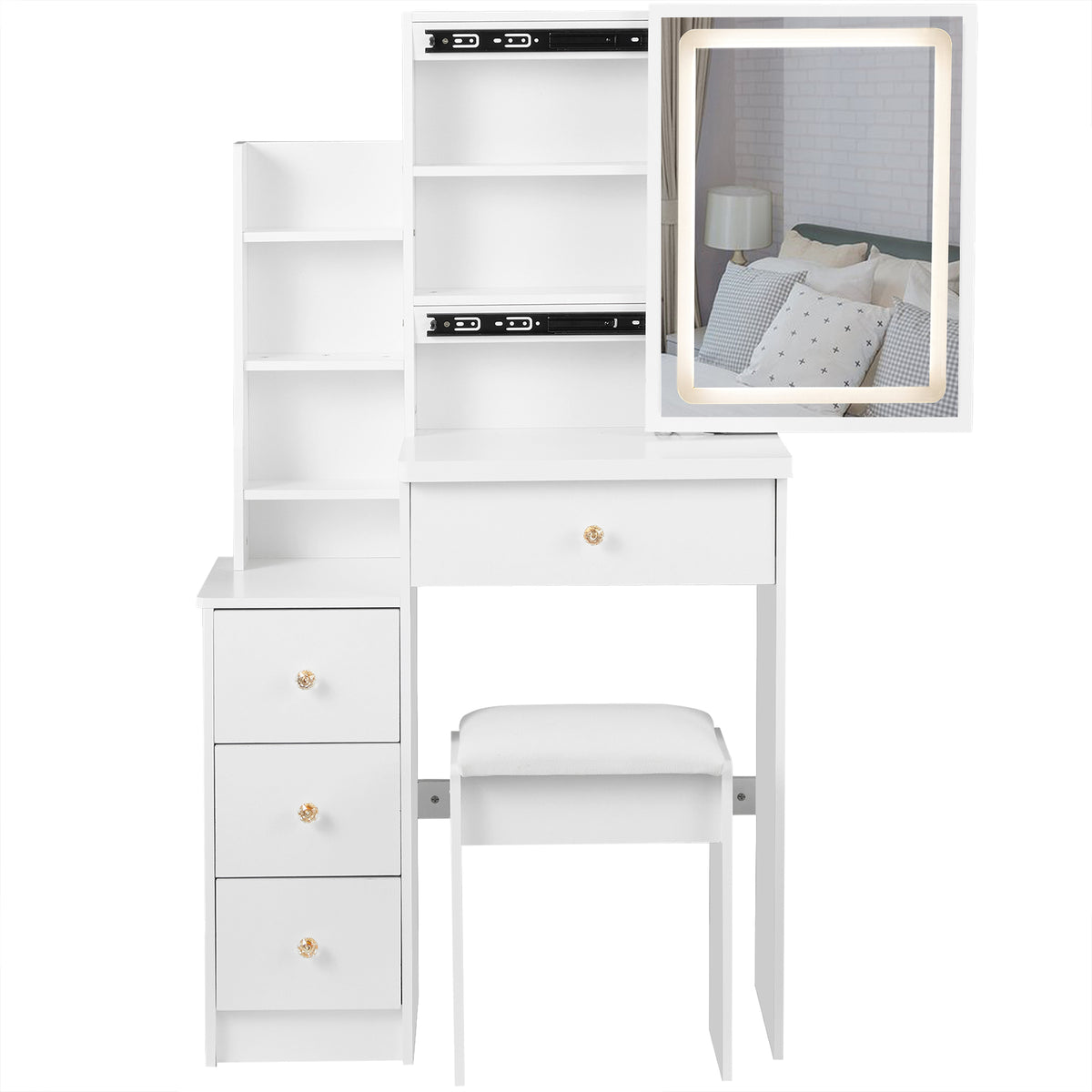 THE FURNITURE CO. Vanity Default Small Size Left Bedside Cabinet Vanity Table with Cushioned Stool and Touch Control Sliding LED Mirror In White