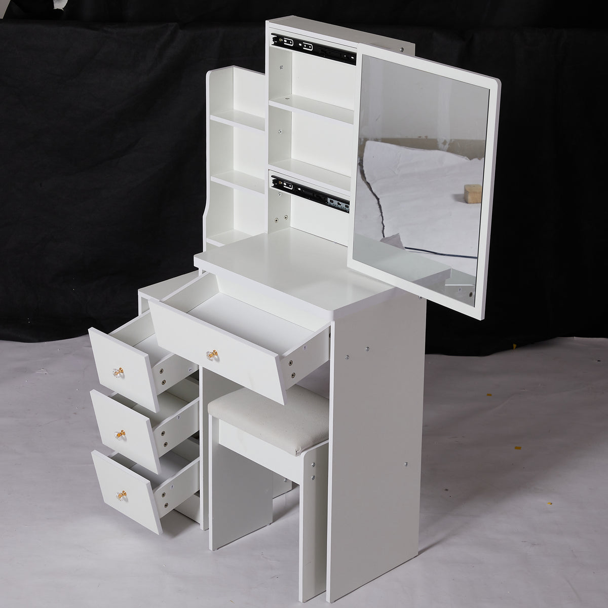 THE FURNITURE CO. Vanity Default Small Size Left Bedside Cabinet Vanity Table With Cushioned Stool Extra Large Sliding Mirror High Capacity Storage For Small Space In White