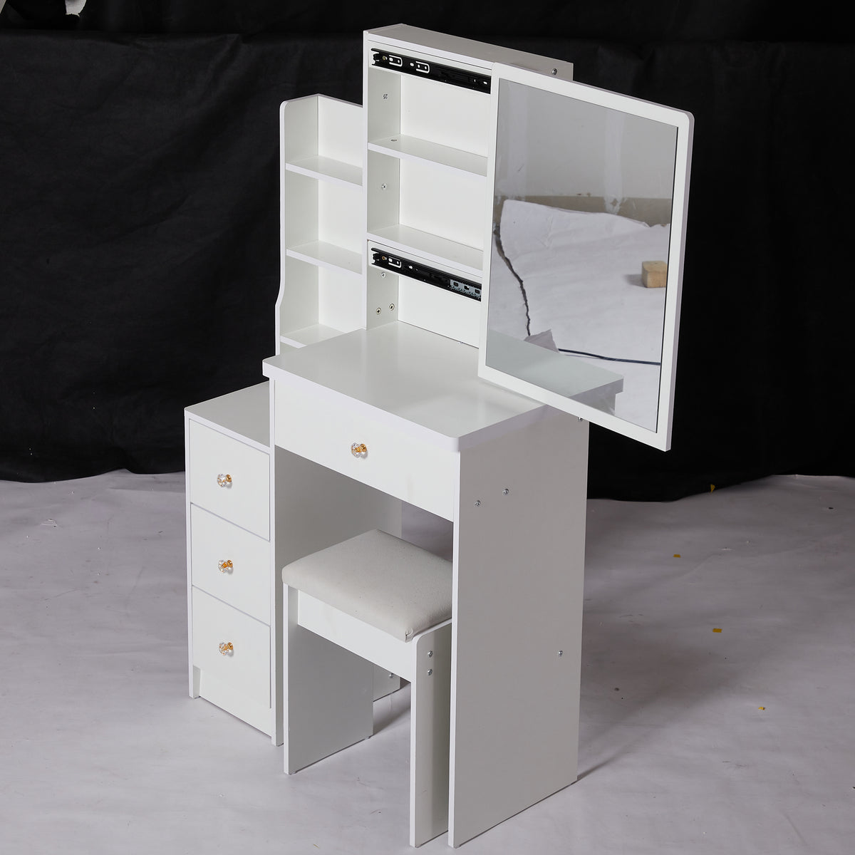 THE FURNITURE CO. Vanity Default Small Size Left Bedside Cabinet Vanity Table With Cushioned Stool Extra Large Sliding Mirror High Capacity Storage For Small Space In White