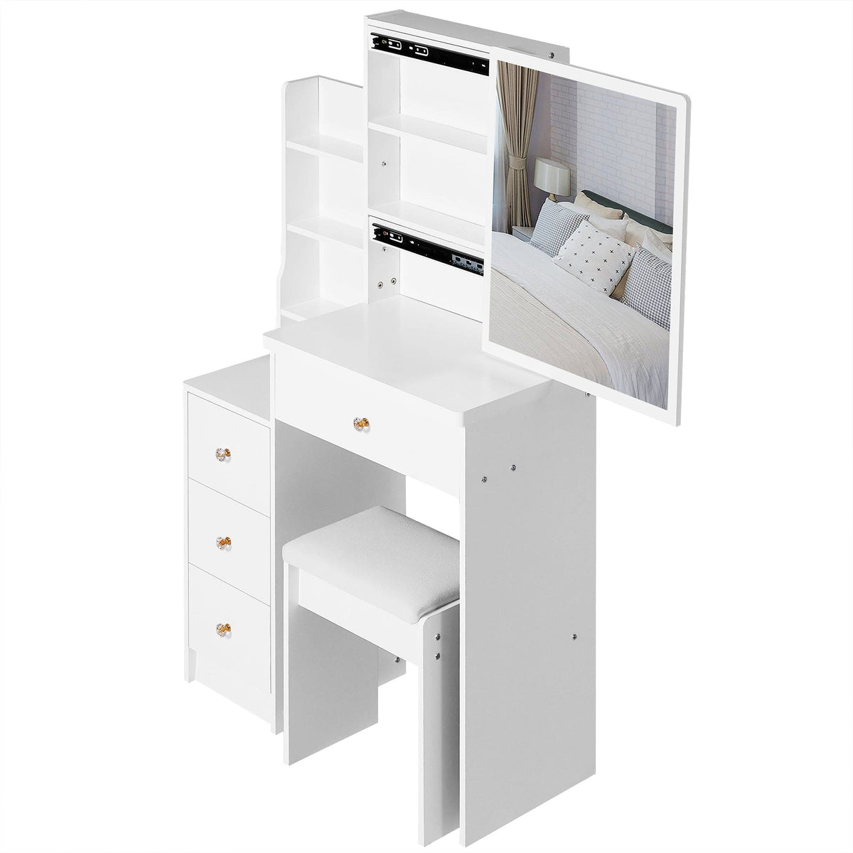 THE FURNITURE CO. Vanity Default Small Size Left Bedside Cabinet Vanity Table With Cushioned Stool Extra Large Sliding Mirror High Capacity Storage For Small Spaces In White