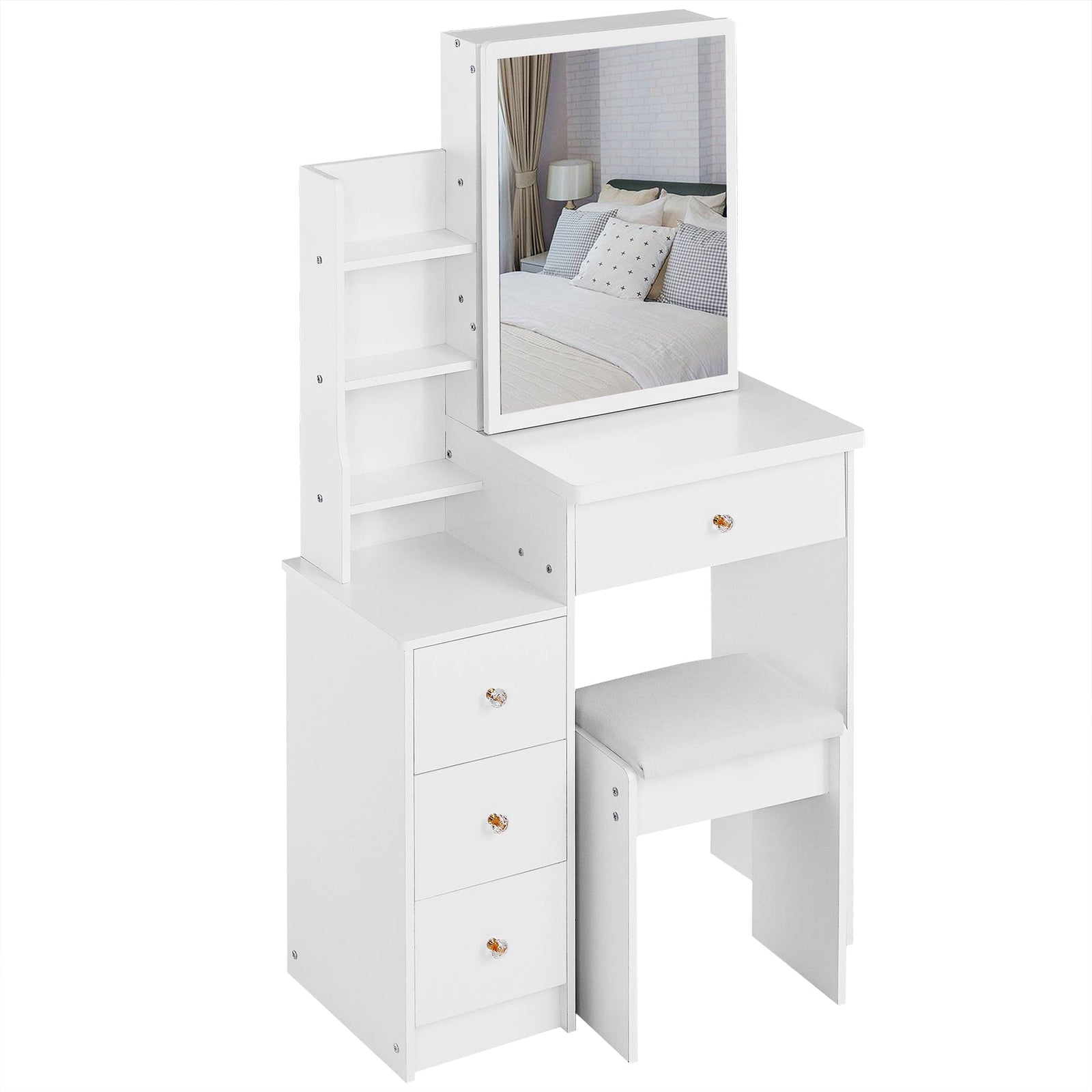 THE FURNITURE CO. Vanity Default Small Size Left Bedside Cabinet Vanity Table With Cushioned Stool Extra Large Sliding Mirror High Capacity Storage For Small Spaces In White