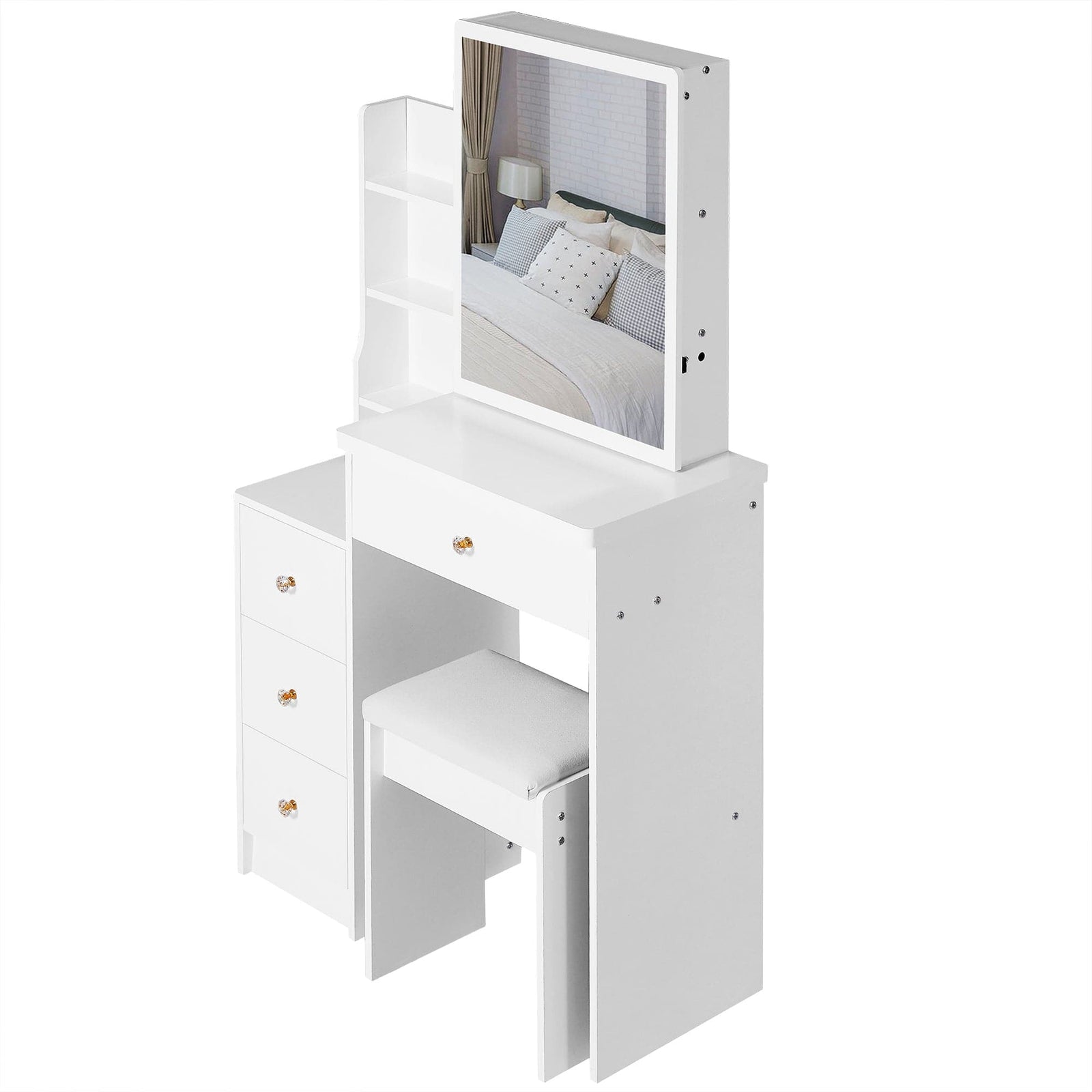 THE FURNITURE CO. Vanity Default Small Size Left Bedside Cabinet Vanity Table With Cushioned Stool Extra Large Sliding Mirror High Capacity Storage For Small Spaces In White