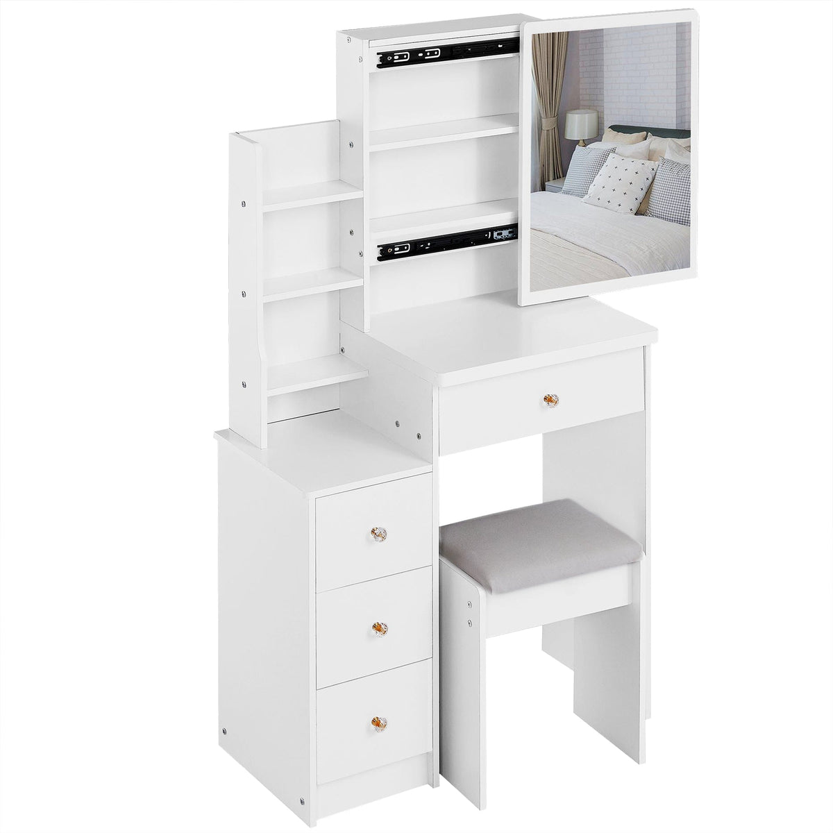 THE FURNITURE CO. Vanity Default Small Size Left Bedside Cabinet Vanity Table With Cushioned Stool Extra Large Sliding Mirror High Capacity Storage For Small Spaces In White