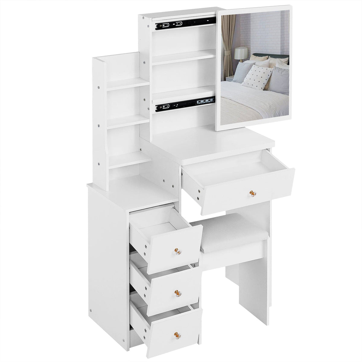 THE FURNITURE CO. Vanity Default Small Size Left Bedside Cabinet Vanity Table With Cushioned Stool Extra Large Sliding Mirror High Capacity Storage For Small Spaces In White