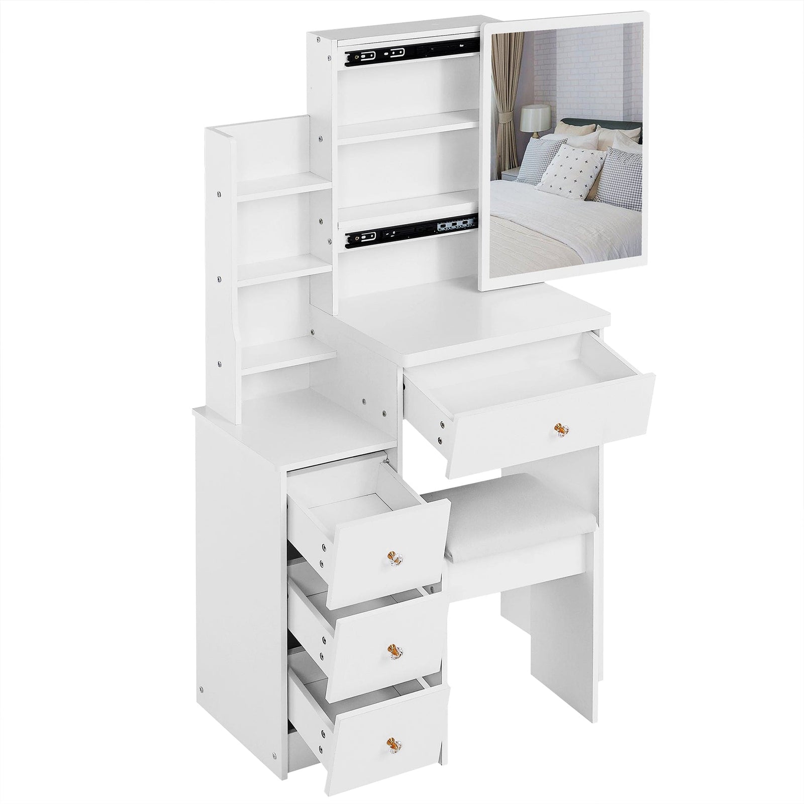 THE FURNITURE CO. Vanity Default Small Size Left Bedside Cabinet Vanity Table With Cushioned Stool Extra Large Sliding Mirror High Capacity Storage For Small Spaces In White