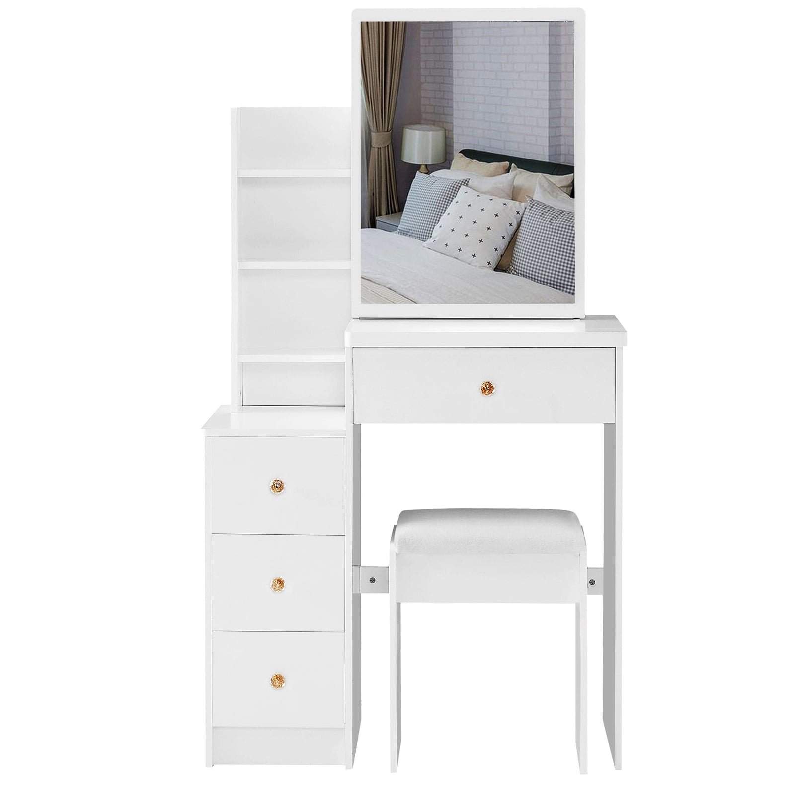 THE FURNITURE CO. Vanity Default Small Size Left Bedside Cabinet Vanity Table With Cushioned Stool Extra Large Sliding Mirror High Capacity Storage For Small Spaces In White