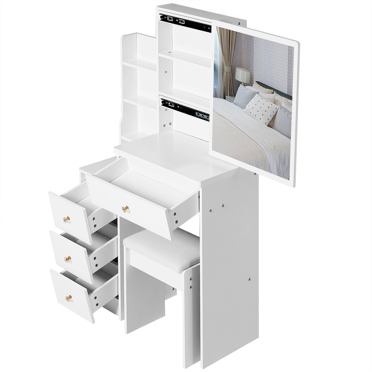 THE FURNITURE CO. Vanity Default Small Size Left Bedside Cabinet Vanity Table With Cushioned Stool Extra Large Sliding Mirror High Capacity Storage For Small Spaces In White