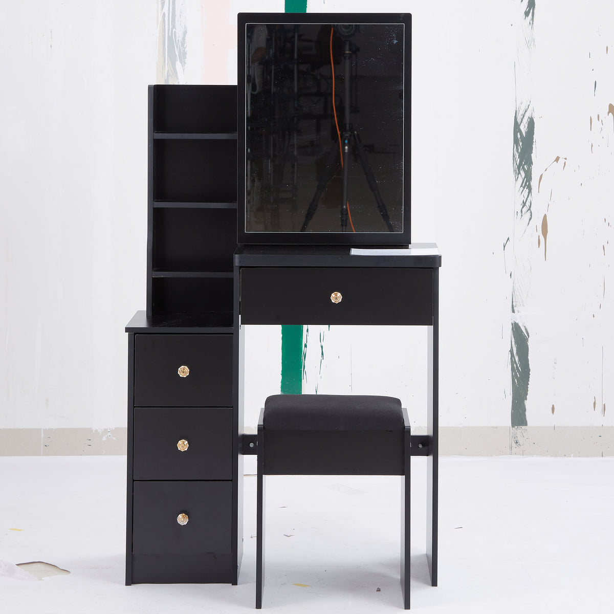 THE FURNITURE CO. Vanity Default Small Size Left Bedside Cabinet Vanity Table With Cushioned Stool Extra Large Sliding Mirror Multi Layer High Capacity Storage In Black