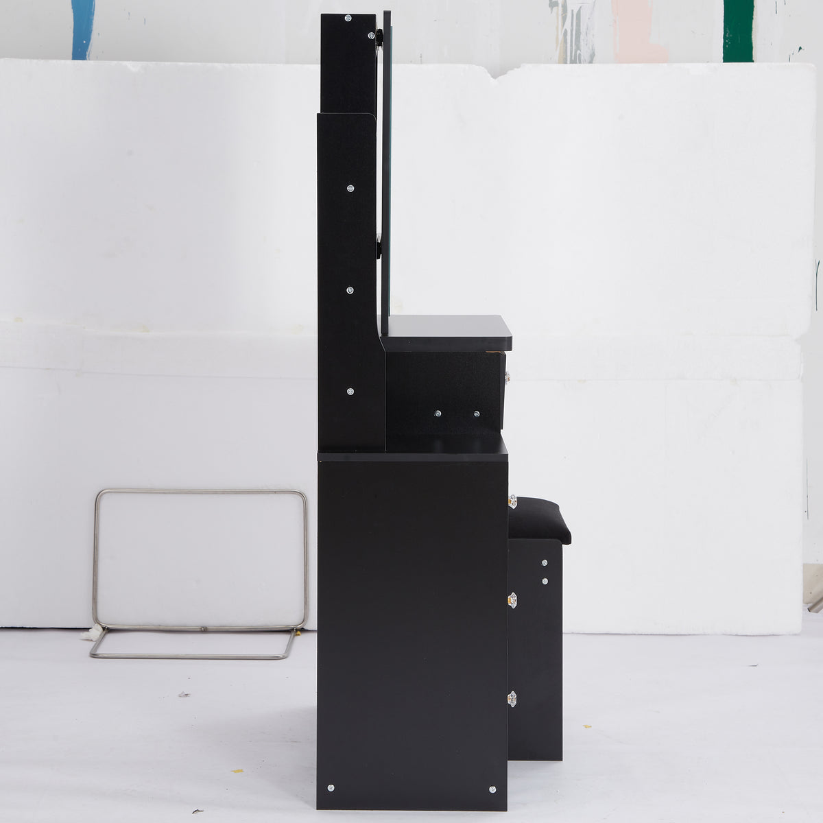 THE FURNITURE CO. Vanity Default Small Size Left Bedside Cabinet Vanity Table With Cushioned Stool Extra Large Sliding Mirror Multi Layer High Capacity Storage In Black