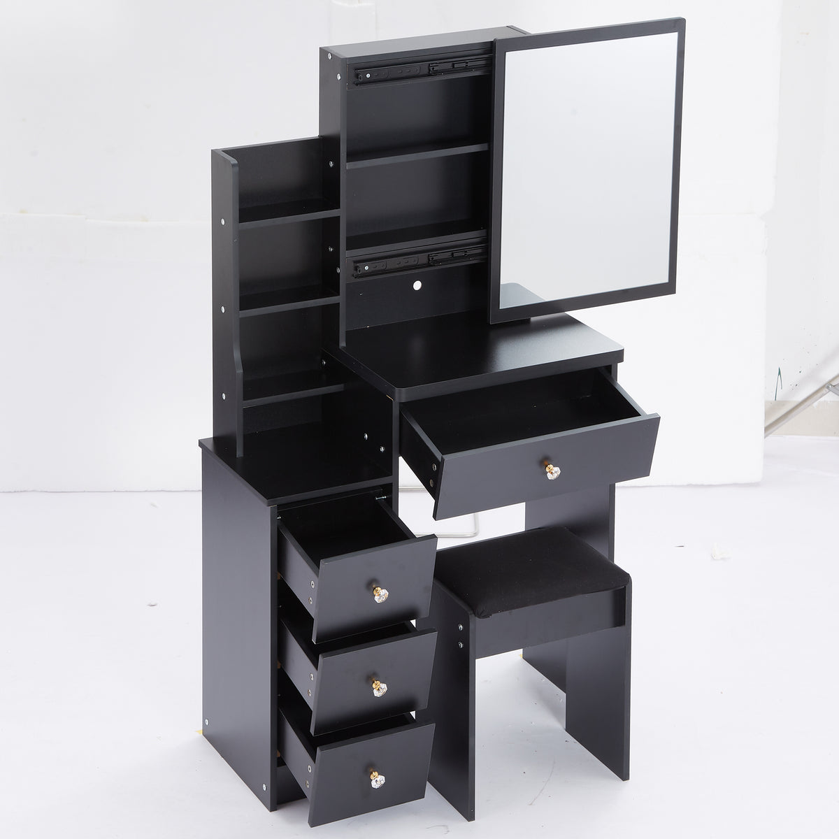 THE FURNITURE CO. Vanity Default Small Size Left Bedside Cabinet Vanity Table With Cushioned Stool Extra Large Sliding Mirror Multi Layer High Capacity Storage In Black