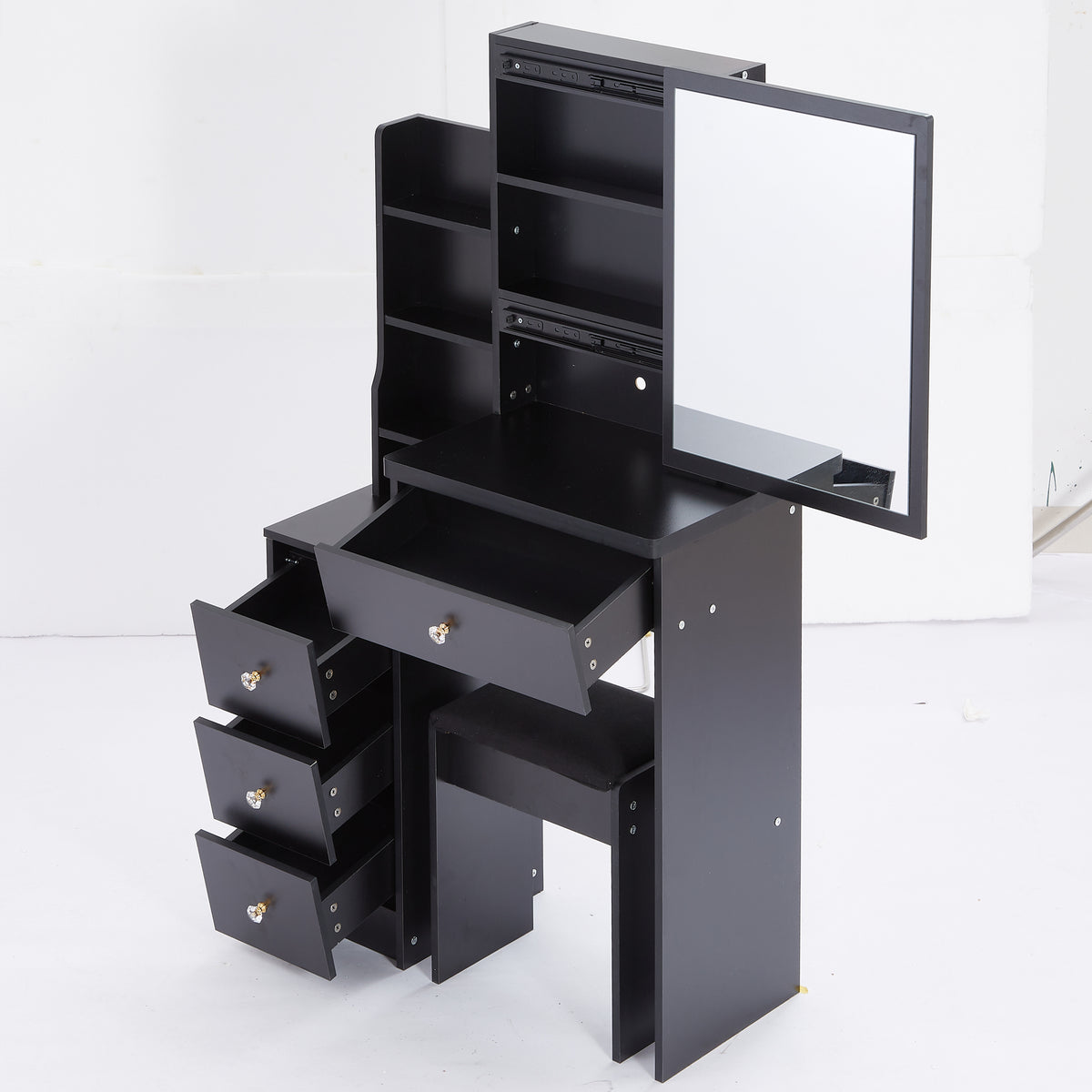 THE FURNITURE CO. Vanity Default Small Size Left Bedside Cabinet Vanity Table With Cushioned Stool Extra Large Sliding Mirror Multi Layer High Capacity Storage In Black