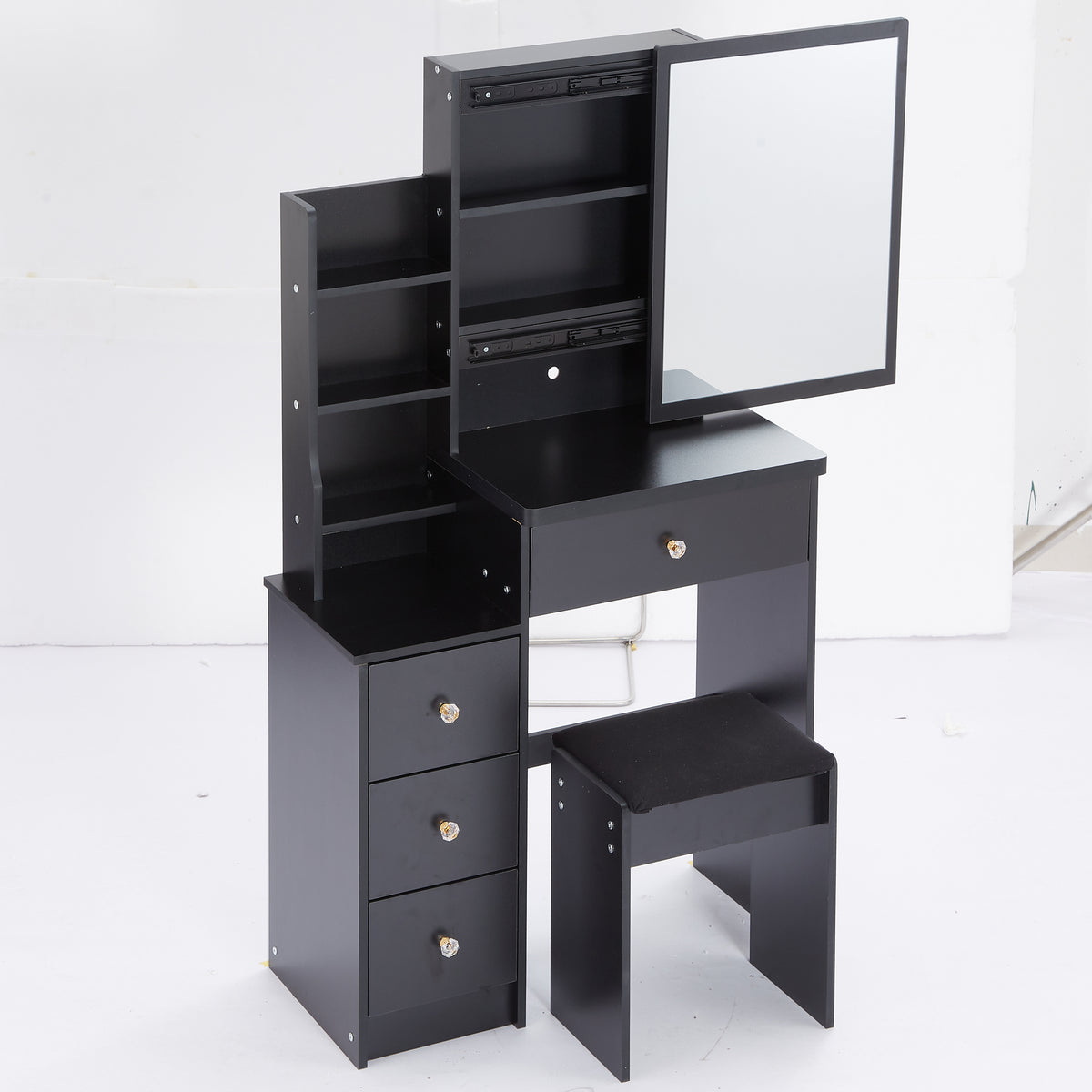 THE FURNITURE CO. Vanity Default Small Size Left Bedside Cabinet Vanity Table With Cushioned Stool Extra Large Sliding Mirror Multi Layer High Capacity Storage In Black