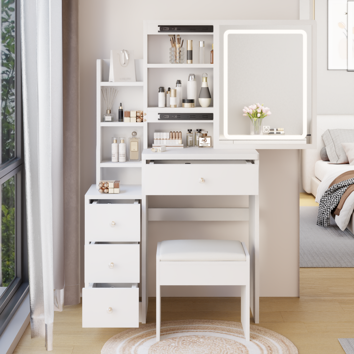 THE FURNITURE CO. Vanity Default Small Size Left Bedside Cabinet Vanity Table With Cushioned Stool Extra Large Touch Control LED Mirror Adjustable Brightness In White
