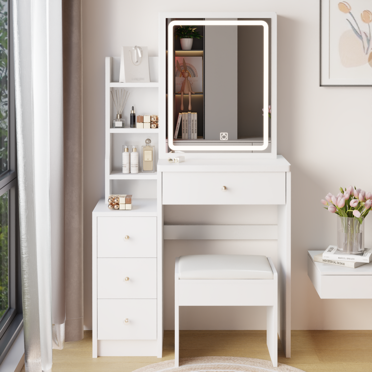 THE FURNITURE CO. Vanity Default Small Size Left Bedside Cabinet Vanity Table With Cushioned Stool Extra Large Touch Control LED Mirror Adjustable Brightness In White