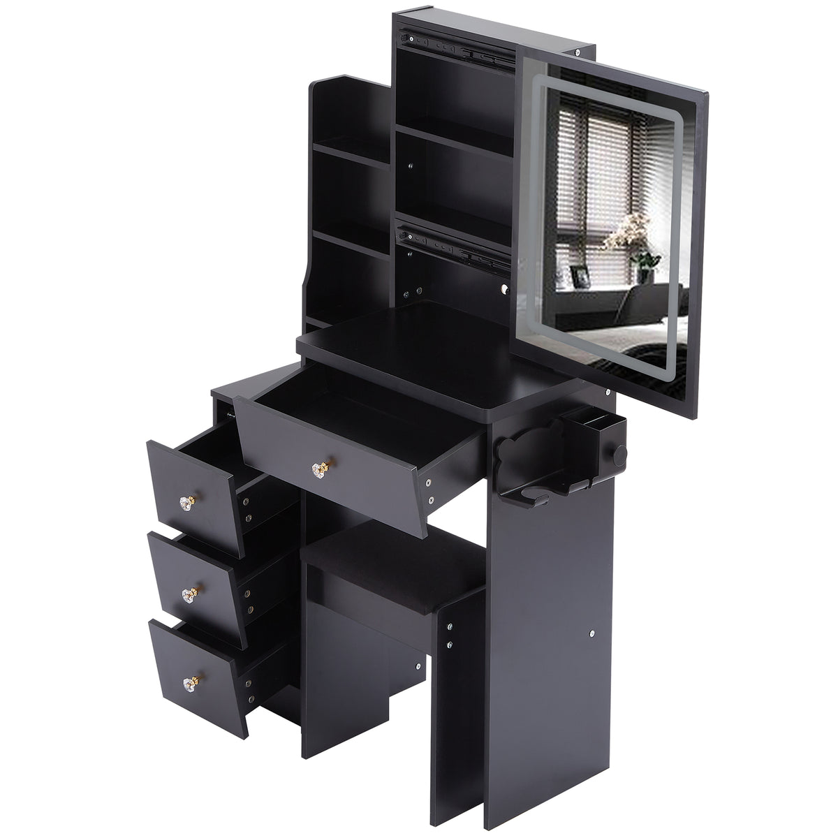 THE FURNITURE CO. Vanity Default Small Size Left Bedside Cabinet Vanity Table With Stool, 2 AC+2 USB Power Station, Touch Control LED Mirror, Tri-color Lighting In Black