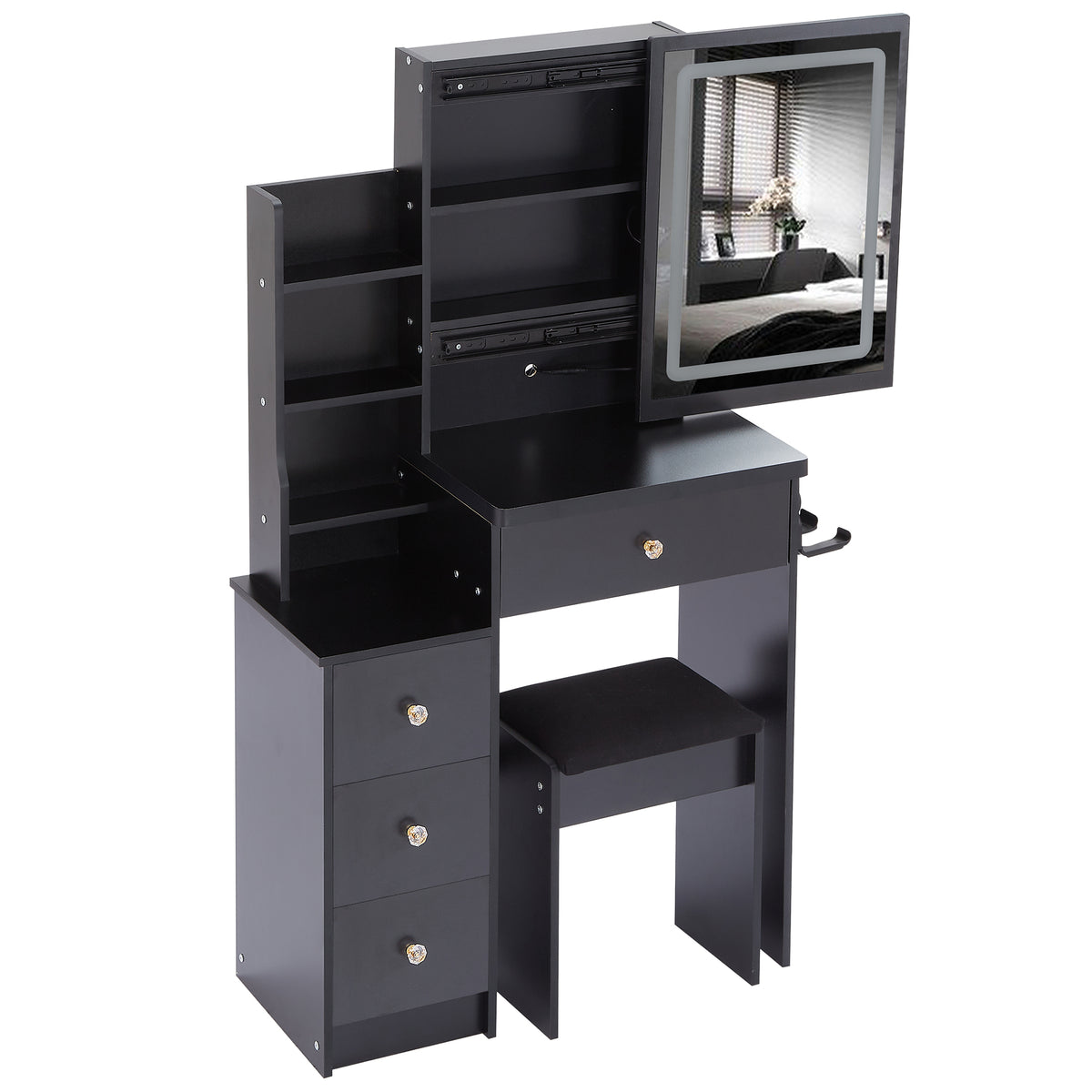 THE FURNITURE CO. Vanity Default Small Size Left Bedside Cabinet Vanity Table With Stool, 2 AC+2 USB Power Station, Touch Control LED Mirror, Tri-color Lighting In Black