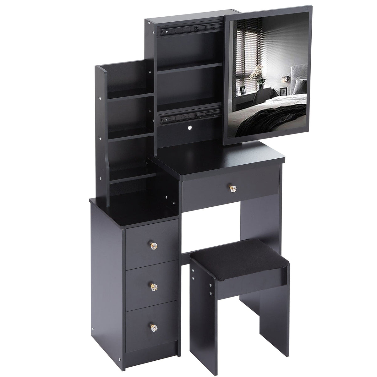 THE FURNITURE CO. Vanity Default Small Size Left Bedside Cabinet Vanity Table With Stool, Extra Large Sliding Mirror, High Capacity Multi Layer Storage, Suitable For Small Space In Black