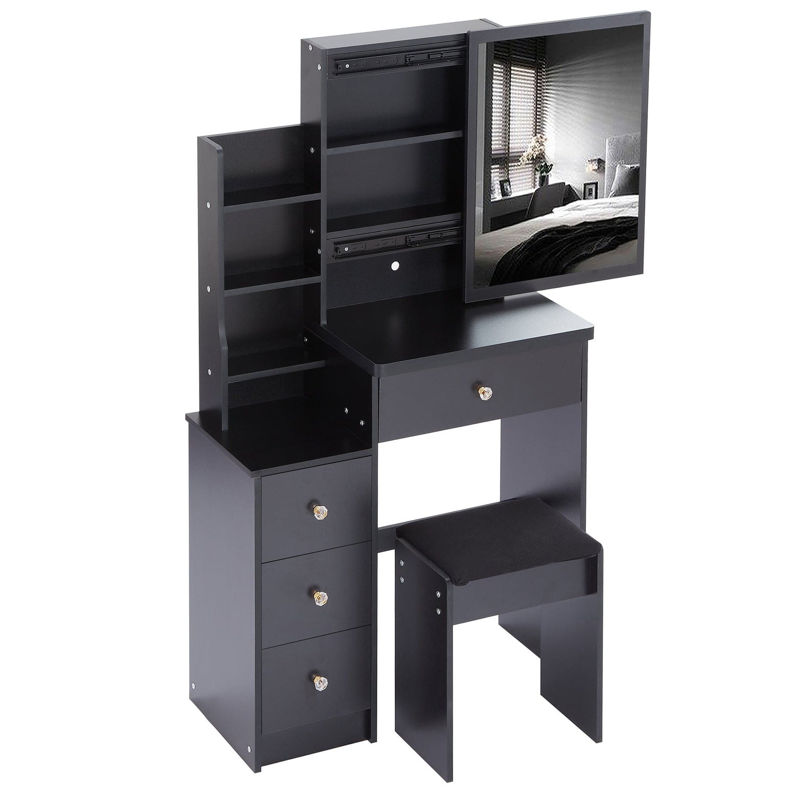 THE FURNITURE CO. Vanity Default Small Size Left Bedside Cabinet Vanity Table With Stool, Extra Large Sliding Mirror, High Capacity Multi Layer Storage, Suitable For Small Space In Black