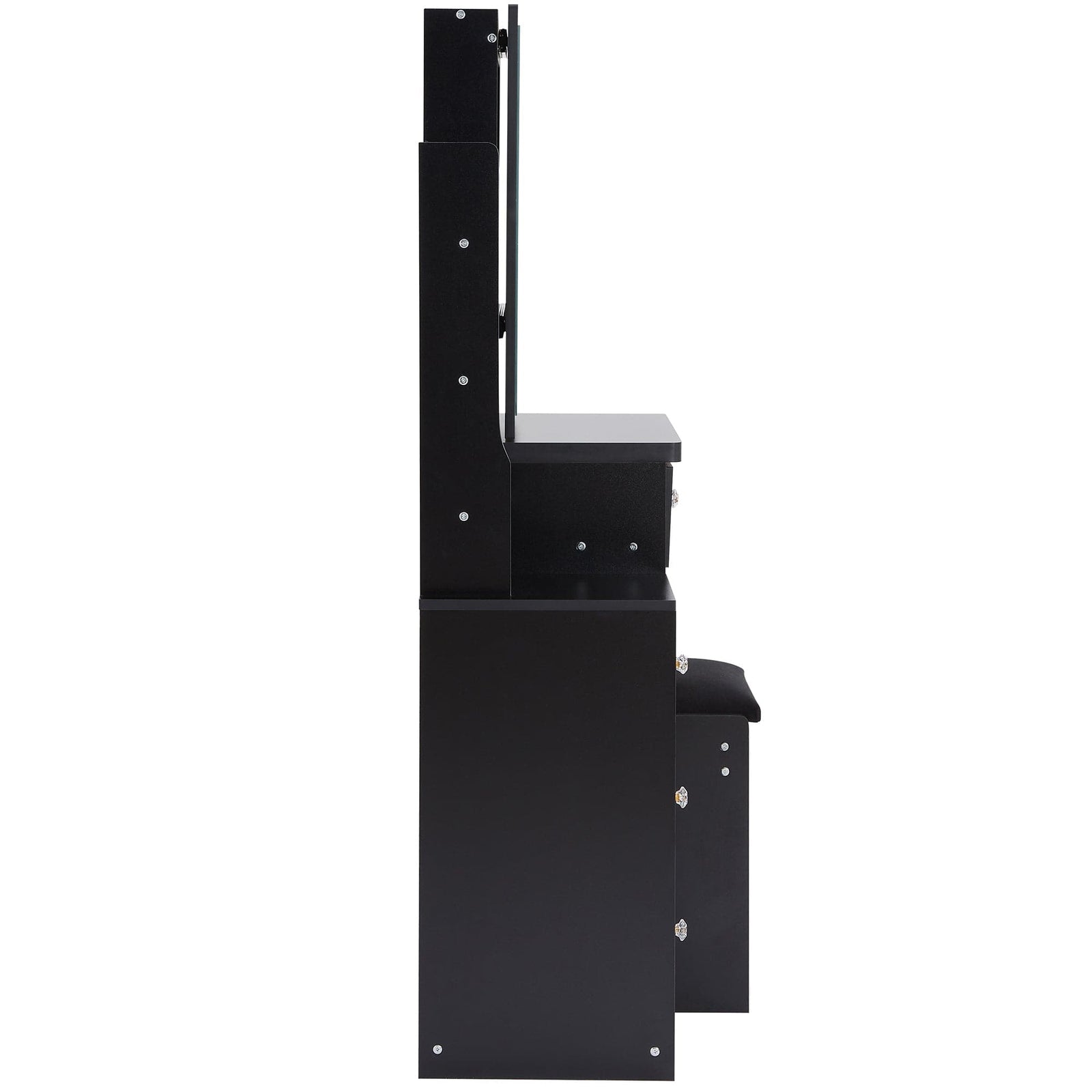 THE FURNITURE CO. Vanity Default Small Size Left Bedside Cabinet Vanity Table With Stool, Extra Large Sliding Mirror, High Capacity Multi Layer Storage, Suitable For Small Space In Black