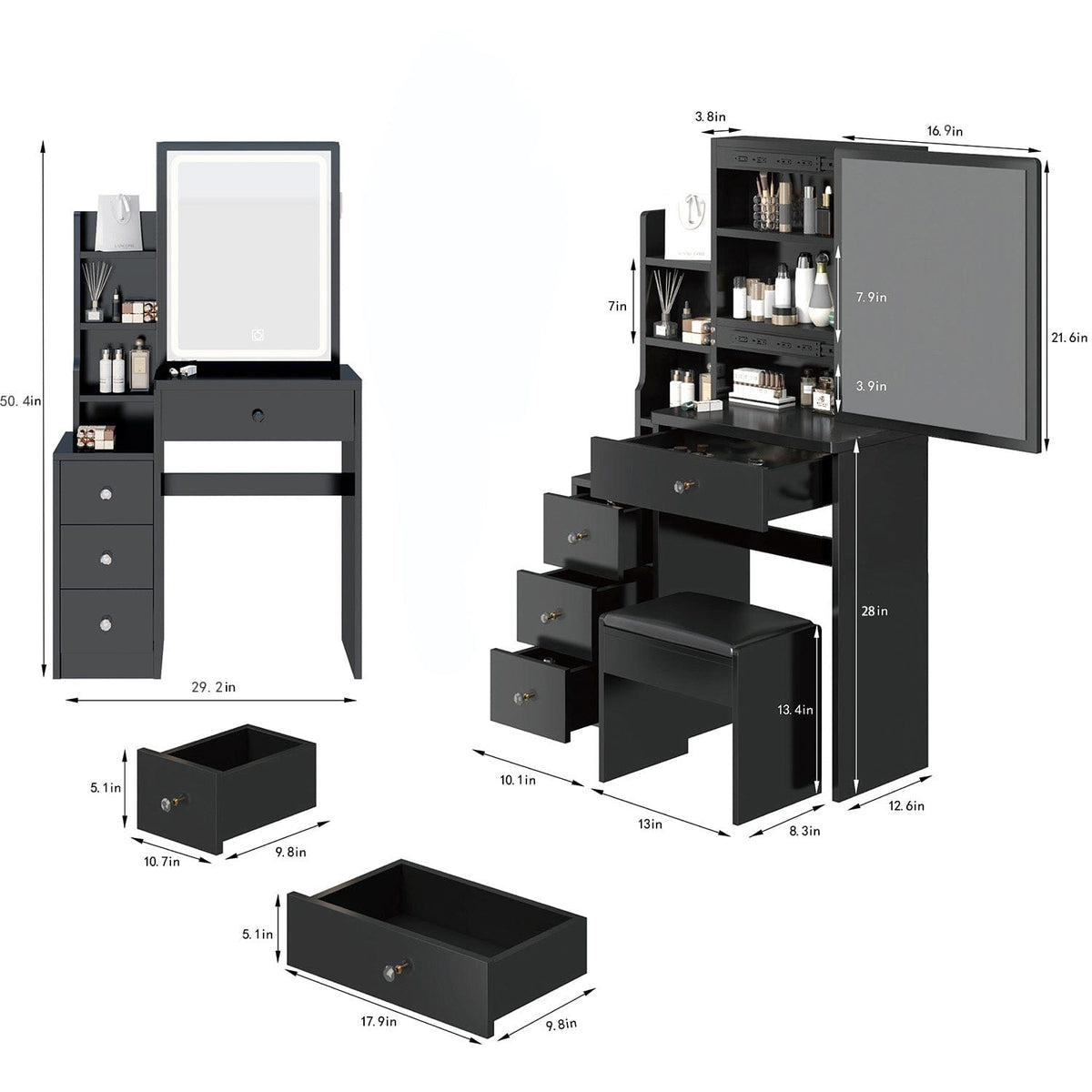 THE FURNITURE CO. Vanity Default Small Size Left Bedside Cabinet Vanity Table With Stool, Extra Large Sliding Mirror, High Capacity Multi Layer Storage, Suitable For Small Space In Black
