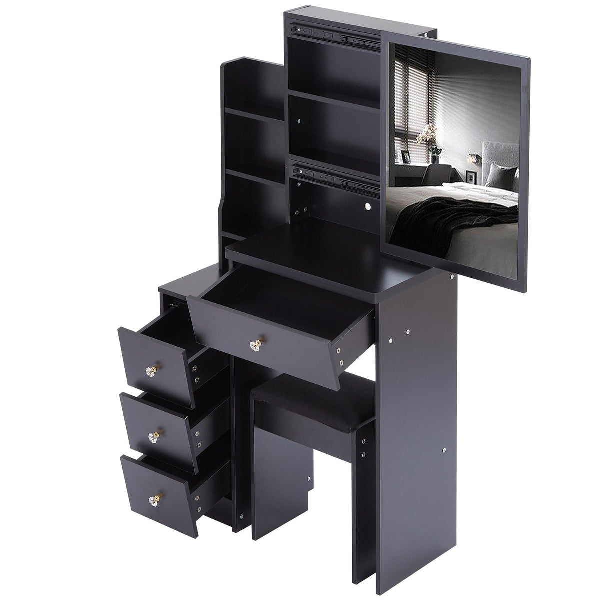 THE FURNITURE CO. Vanity Default Small Size Left Bedside Cabinet Vanity Table With Stool, Extra Large Sliding Mirror, High Capacity Multi Layer Storage, Suitable For Small Space In Black