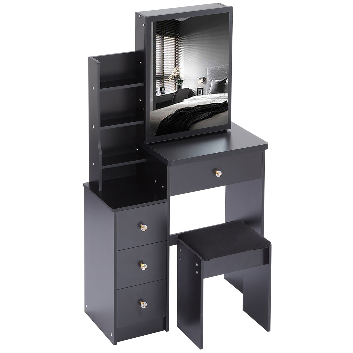 THE FURNITURE CO. Vanity Default Small Size Left Bedside Cabinet Vanity Table With Stool, Extra Large Sliding Mirror, High Capacity Multi Layer Storage, Suitable For Small Space In Black