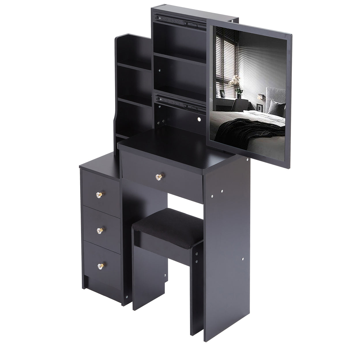 THE FURNITURE CO. Vanity Default Small Size Left Bedside Cabinet Vanity Table With Stool, Extra Large Sliding Mirror, High Capacity Multi Layer Storage, Suitable For Small Space In Black