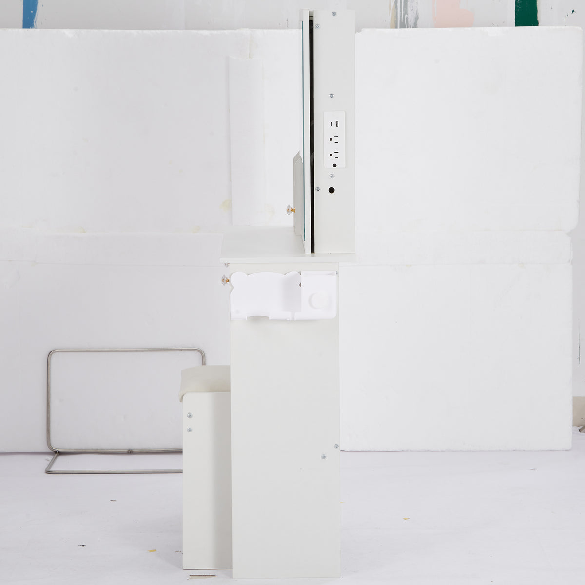 THE FURNITURE CO. Vanity Default Small Size Left Drawer Desktop Vanity Table with Cushioned Stool and LED Mirror, 2 AC and 2 USB Power Station In White