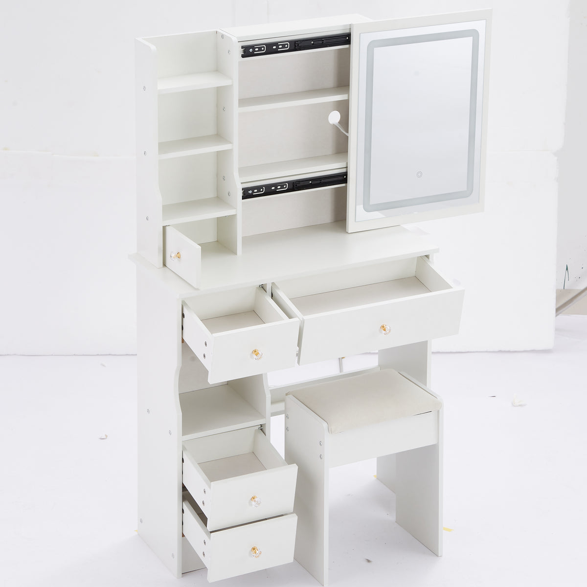 THE FURNITURE CO. Vanity Default Small Size Left Drawer Desktop Vanity Table with Cushioned Stool and LED Mirror, 2 AC and 2 USB Power Station In White