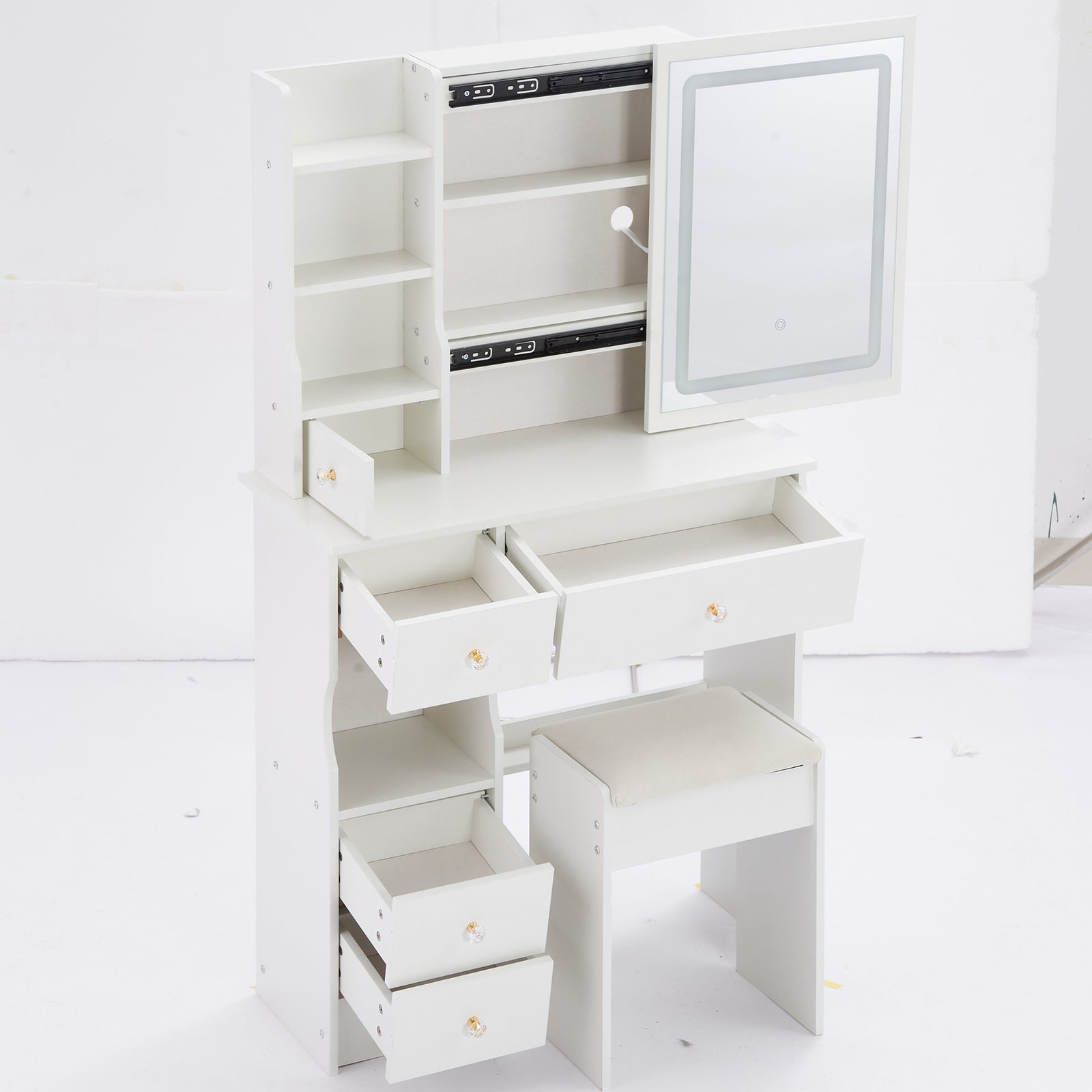 THE FURNITURE CO. Vanity Default Small Size Left Drawer Desktop Vanity Table with Cushioned Stool and LED Mirror, 2 AC and 2 USB Power Station In White