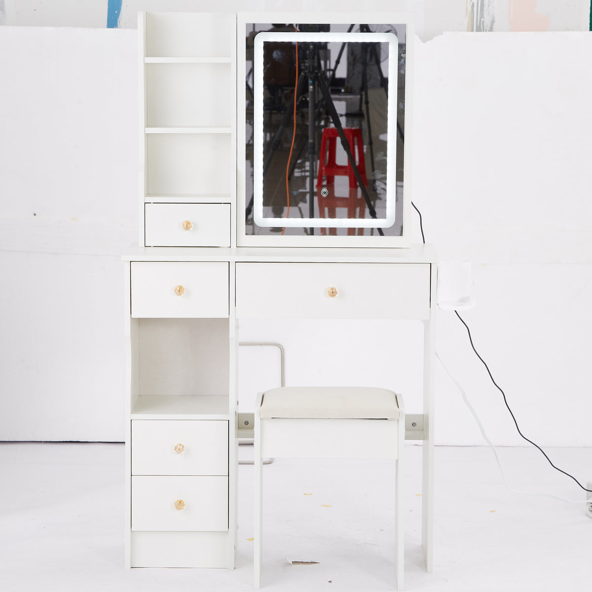 THE FURNITURE CO. Vanity Default Small Size Left Drawer Desktop Vanity Table with Cushioned Stool and LED Mirror, 2 AC and 2 USB Power Station In White