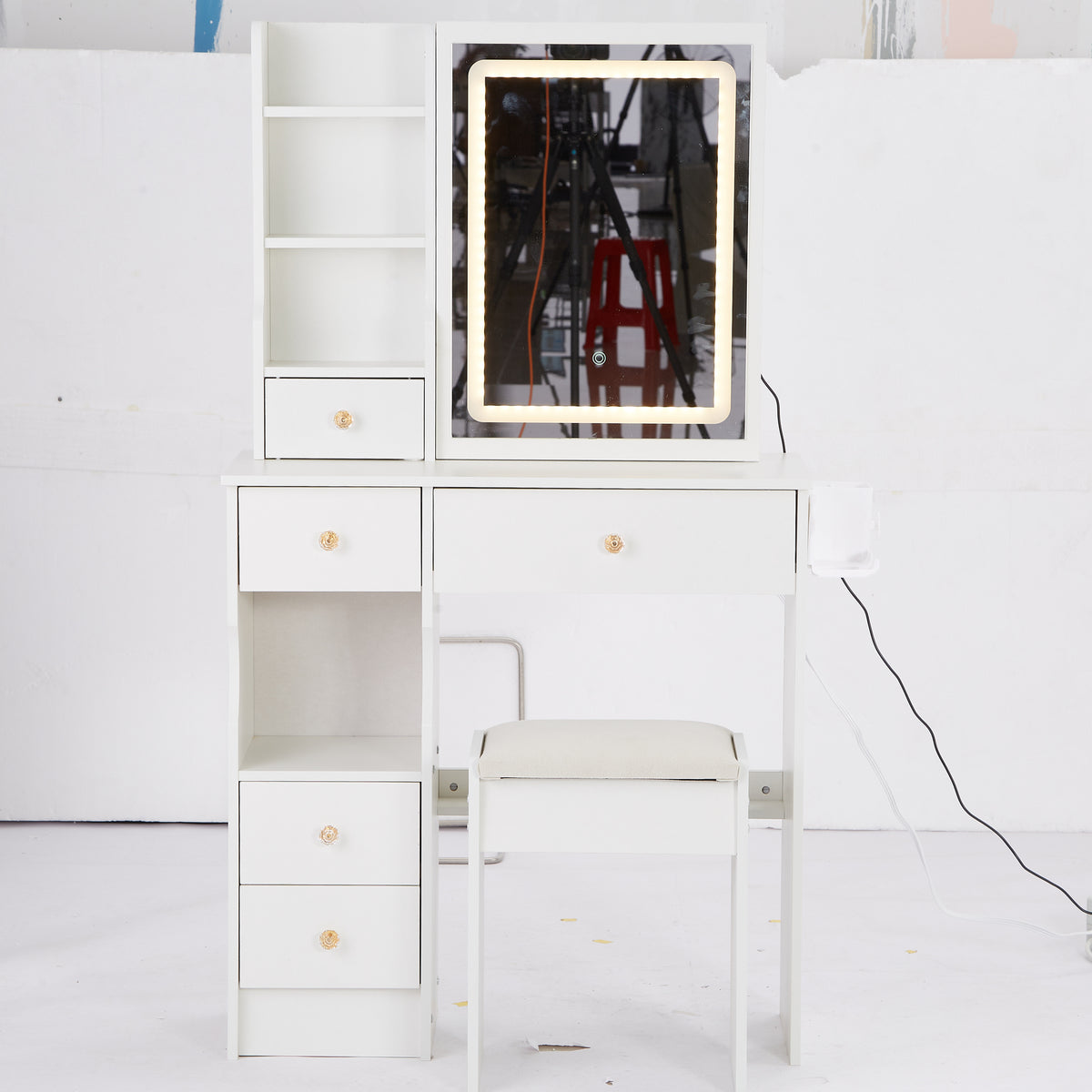 THE FURNITURE CO. Vanity Default Small Size Left Drawer Desktop Vanity Table with Cushioned Stool and LED Mirror, 2 AC and 2 USB Power Station In White