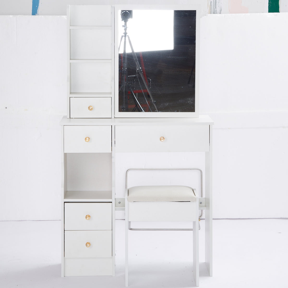 THE FURNITURE CO. Vanity Default Small Size Left Drawer Desktop Vanity Table With Cushioned Stool Extra Large Sliding Mirror High Capacity Storage Suitable For Small Space In White