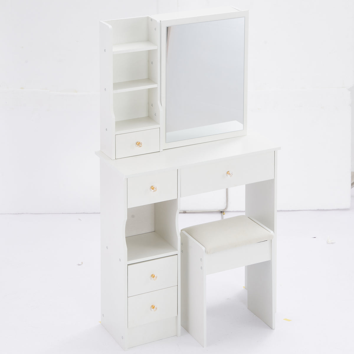THE FURNITURE CO. Vanity Default Small Size Left Drawer Desktop Vanity Table With Cushioned Stool Extra Large Sliding Mirror High Capacity Storage Suitable For Small Space In White